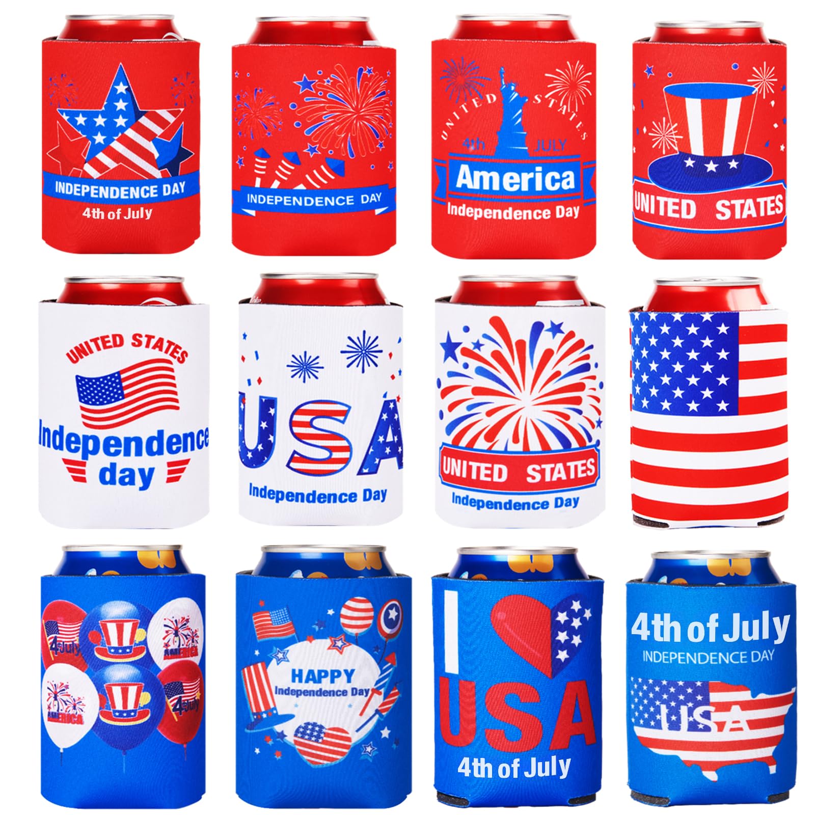 4th of July Decorations Red White Blue Decorations 12 PCs Can Cooler Sleeves for Independence Day Accessories, Collapsible Insulation Cover for
