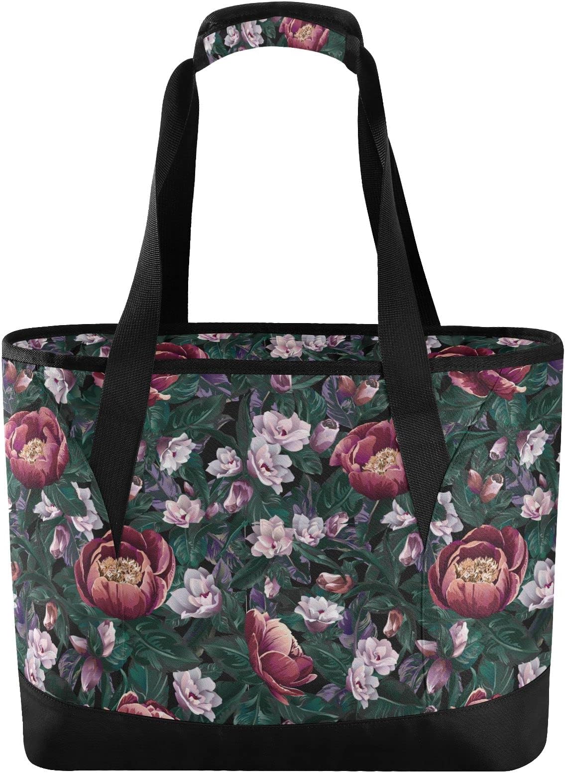 ALAZA Red Pink Flower Green Leaves Cooler Bag Insulated Lunch Bag for Women Men, Reusable Leakproof Cooler Tote Shoulder Bag for Picnic Camping Work Office Beach