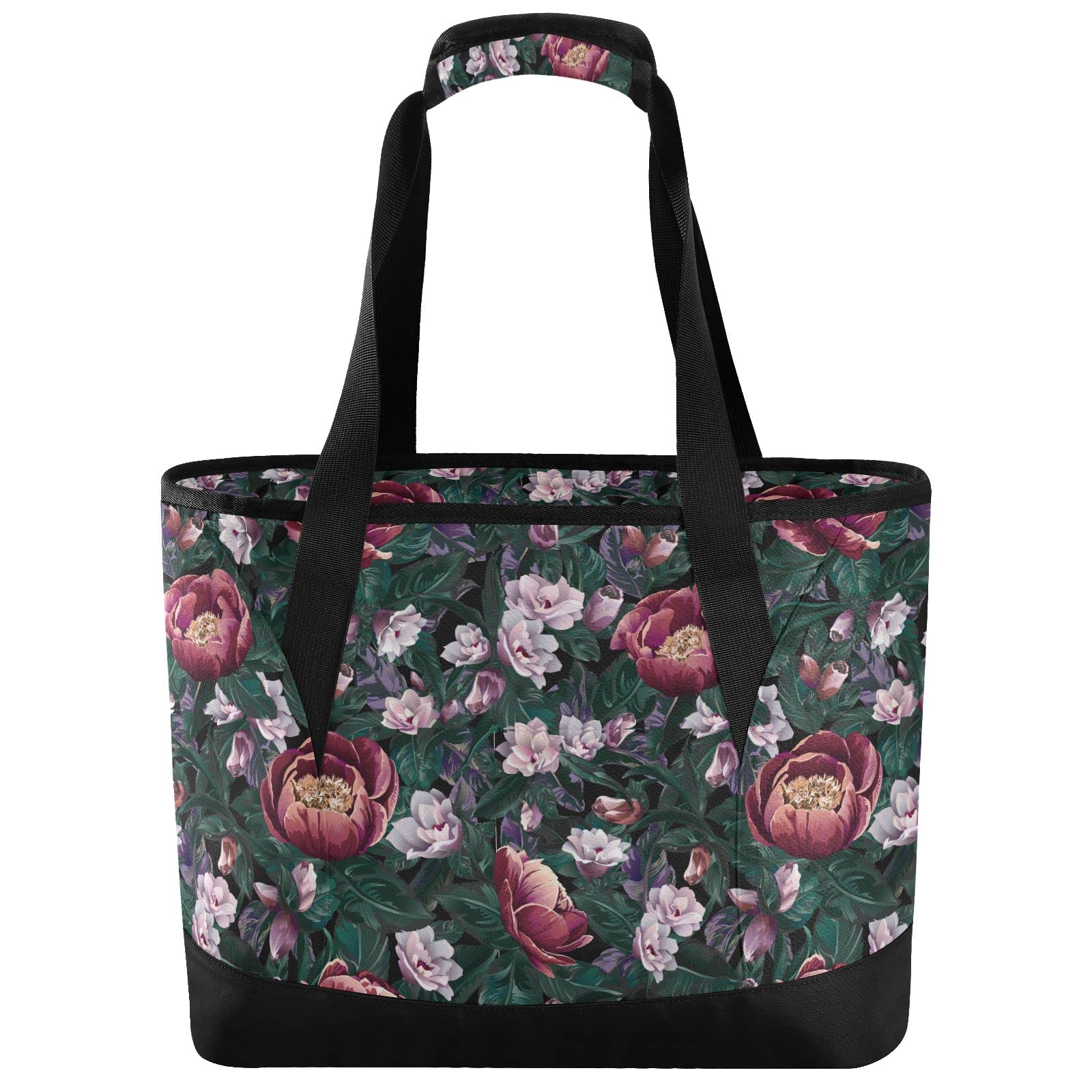 ALAZA Red Pink Flower Green Leaves Cooler Bag Insulated Lunch Bag for Women Men, Reusable Leakproof Cooler Tote Shoulder Bag for Picnic Camping Work Office Beach