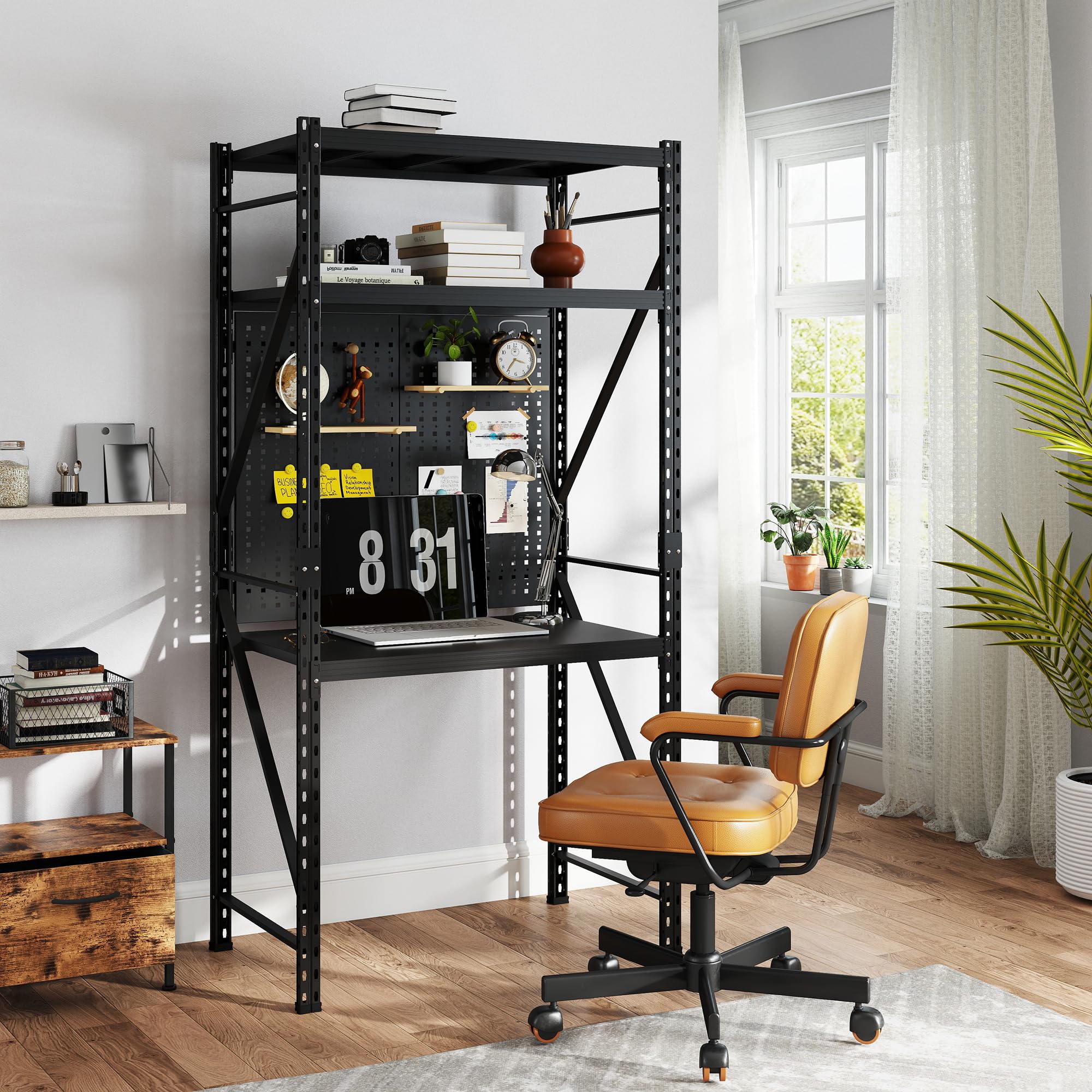 FlexiSpot Werkbank & Schreibtisch mit Regal und Lochwand – Stabiler Werkzeugtisch, bis 200 kg belastbar, vielseitig nutzbar in Werkstatt, Büro, Lager oder Zuhause (Schwarz)