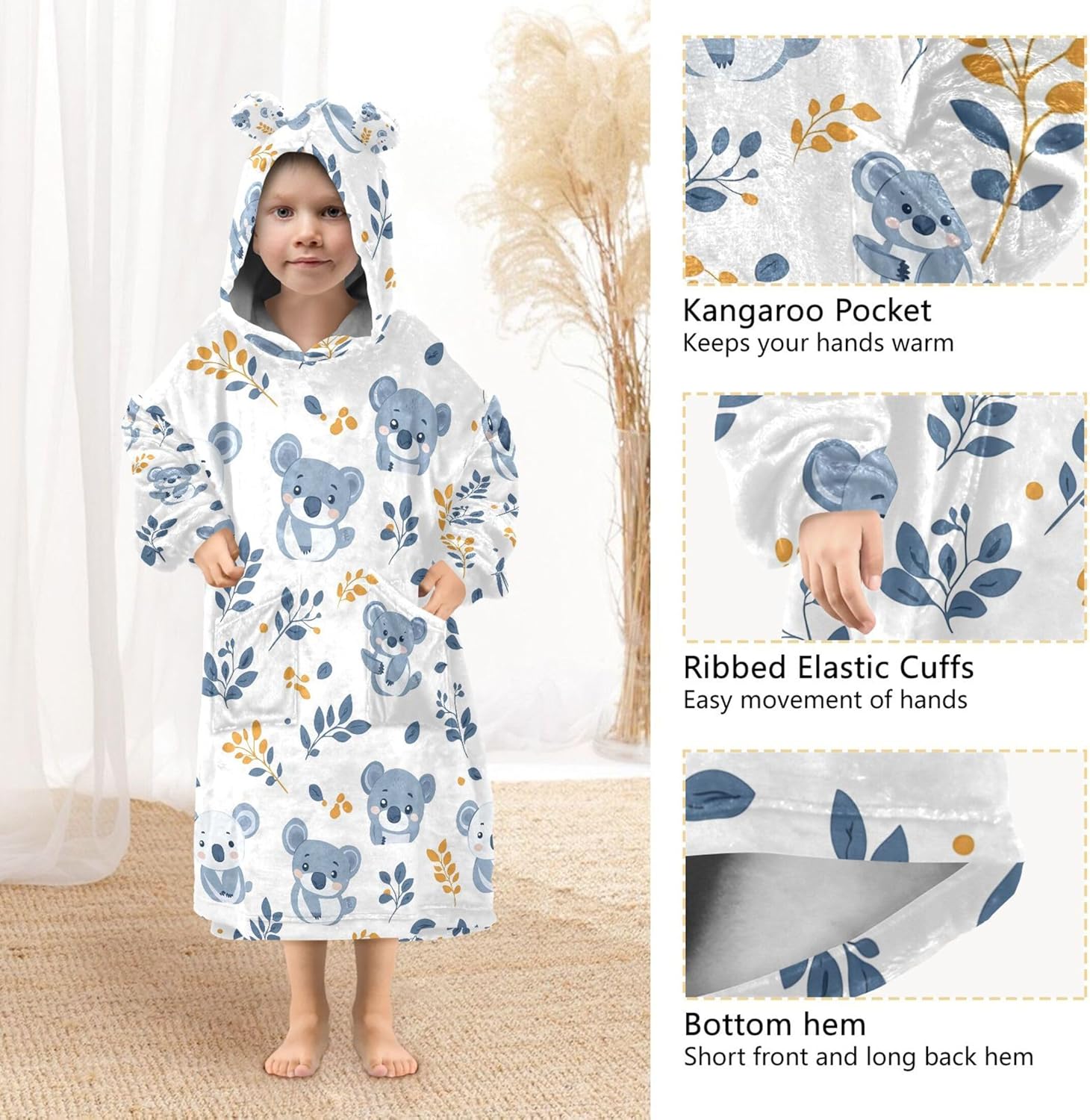 Cute Koala Kids Wearable Blanket Hoodie with Pocket and Sleeves for Toddlers, Cute Hoodies Girls Boys B0404153