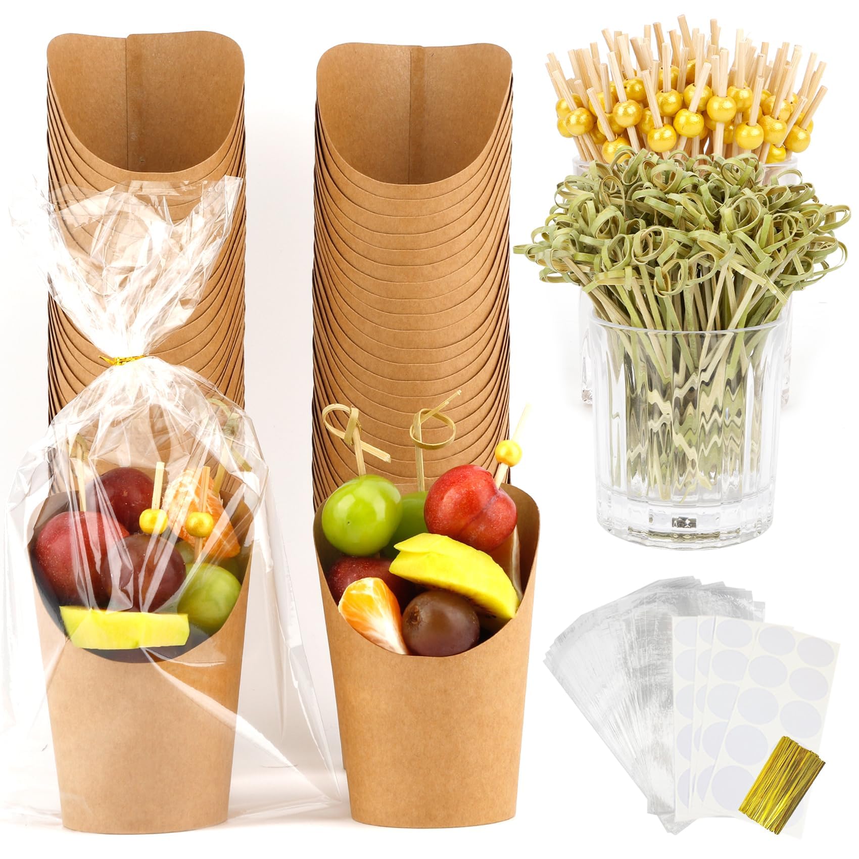 Charcuterie Box,60 Sets Charcuterie Cups,Charcuterie Accessories,Snack Cup,Charcuterie Cones,12oz French Fries Holder with Cocktail Bamboo Skewers Toothpicks 60 Cups+200 Sticks+60 Bags+60 Labels