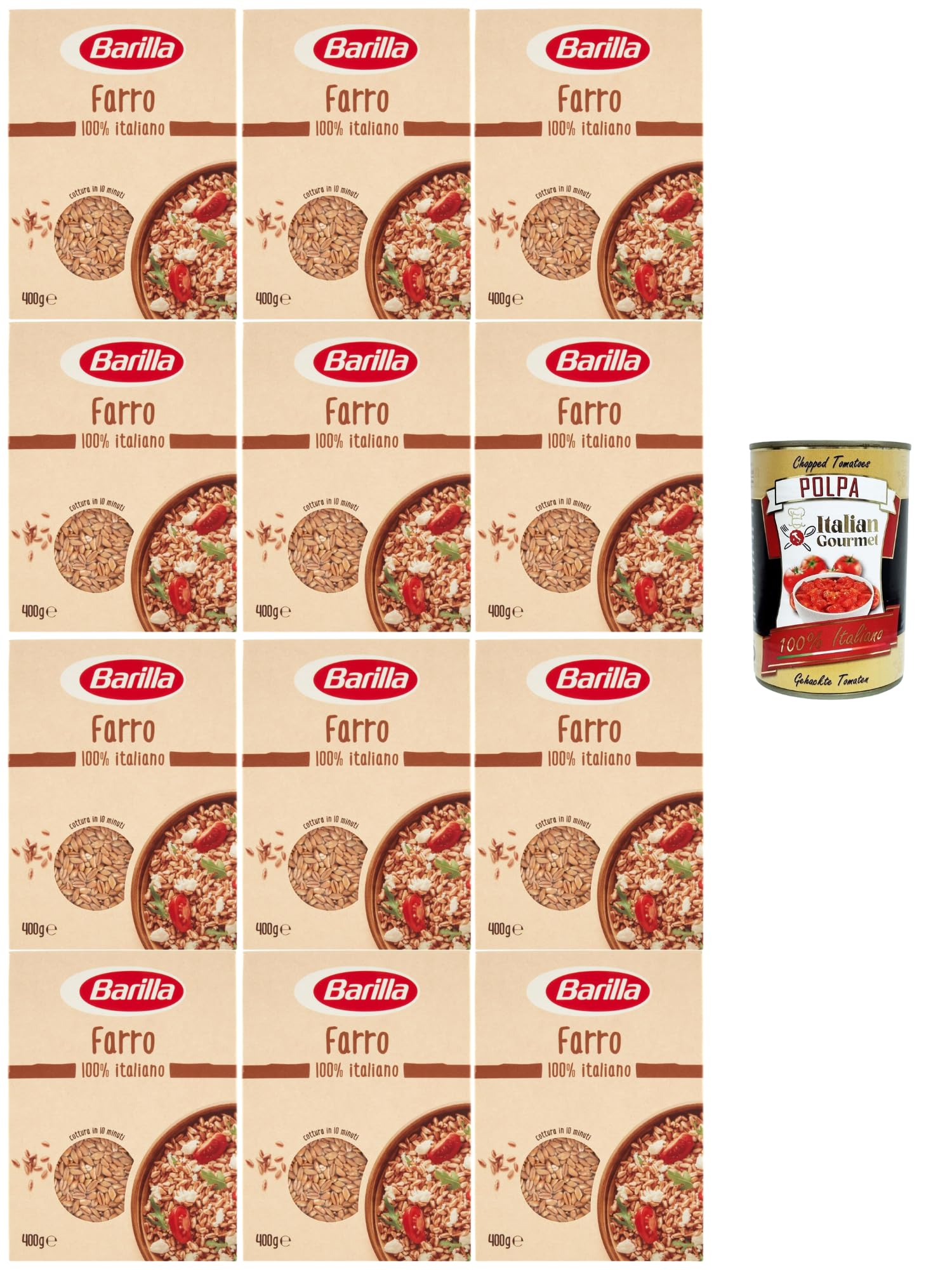 Italian Gourmet Farro cereale 100% Italiano Korn für Salate Bowls 12 x 400g | Chicchi perlati dal gusto rustico, ballaststoffreich, schnell gekocht, Gesamtnettogewicht 4,8 kg + Kostenlos Polpa 400g