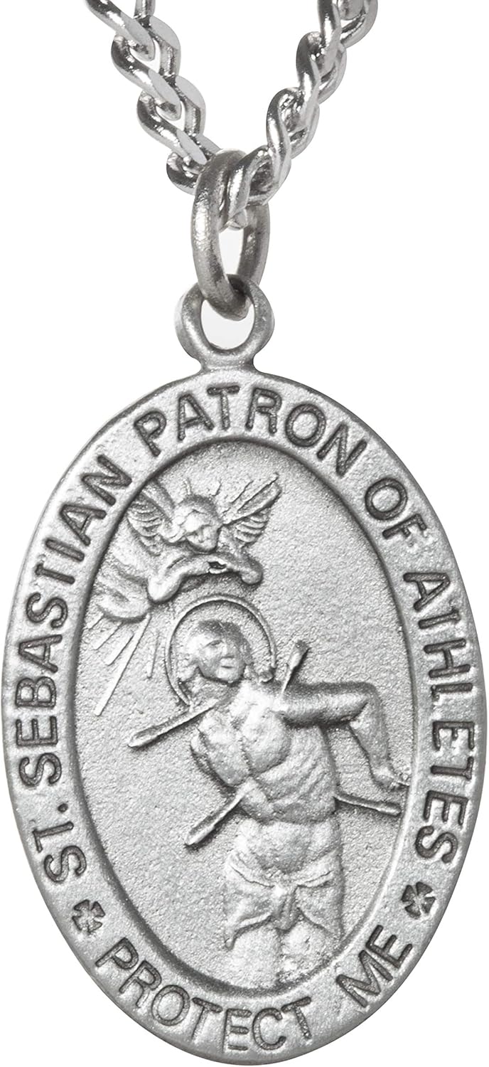 WJH Track Saint Sebastian Pewter Medal on 24 Continuous Chain, Double-Sided Medal