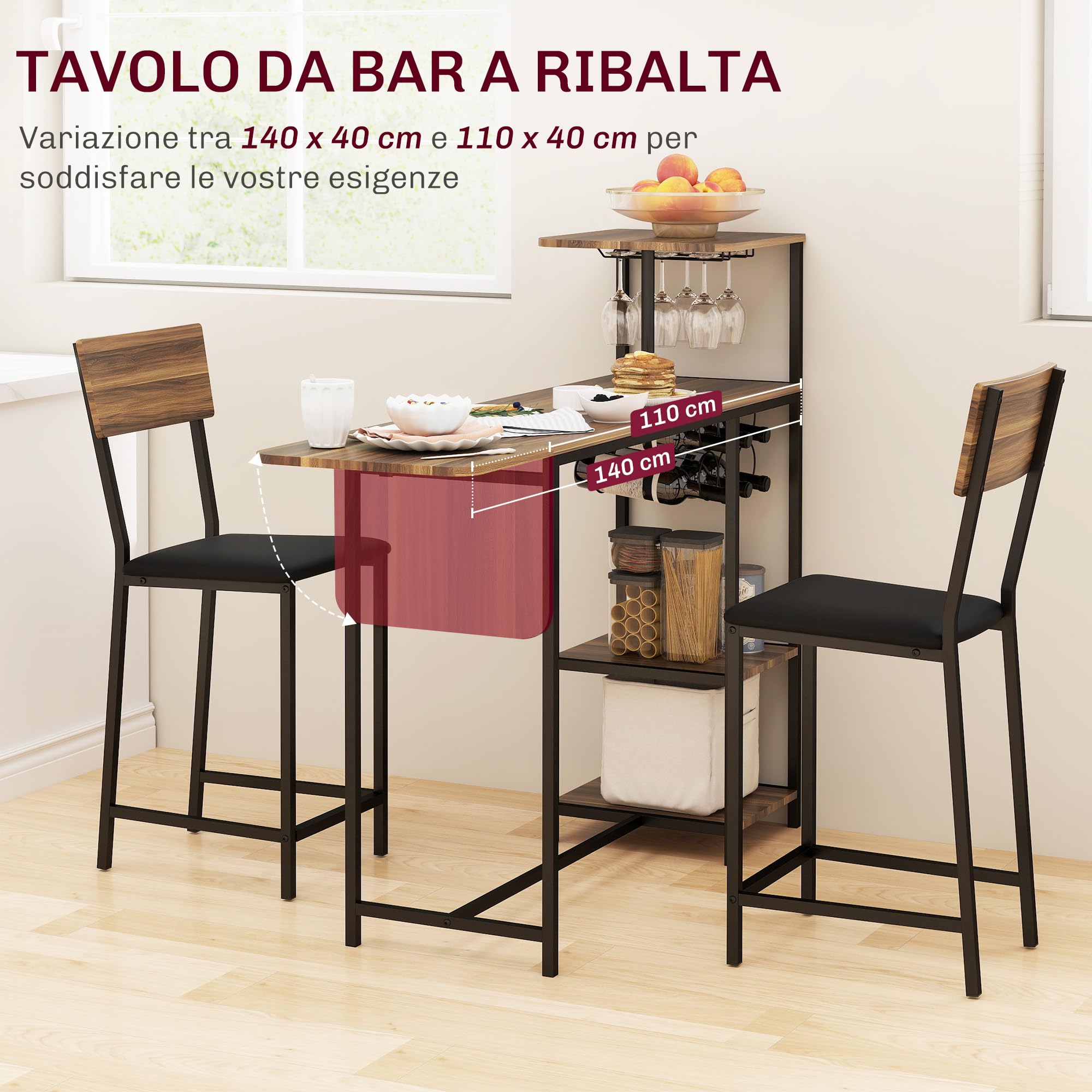 HOMCOM Set da Bar 3 Pezzi con Bancone Bar Pieghevole Allungabile e 2 Sgabelli Alti con Schienale e Poggiapiedi, Portavini e Portacalici Integrati, Stile Industriale, Tavolo Bar per Soggiorno, Marrone