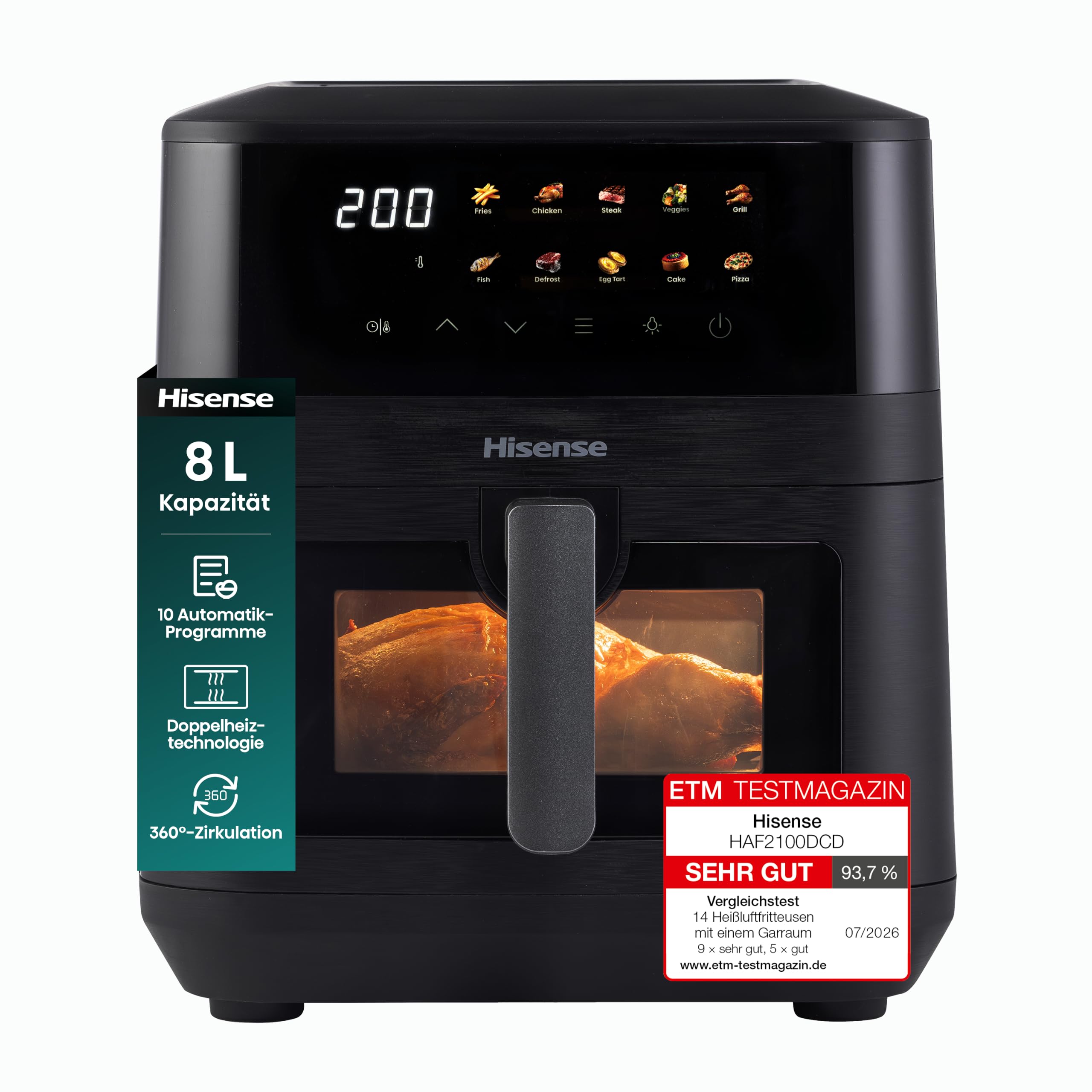 Hisense HAF2100DCD Heißluftfritteuse /2100 W /7,7 L Kapazität /10 voreingestellte Programme/Antihaft-Beschichtung/Energieeffizient/Start Delay Funktion/HxBxT: 40,1 x 31 x 35 cm/Schwarz