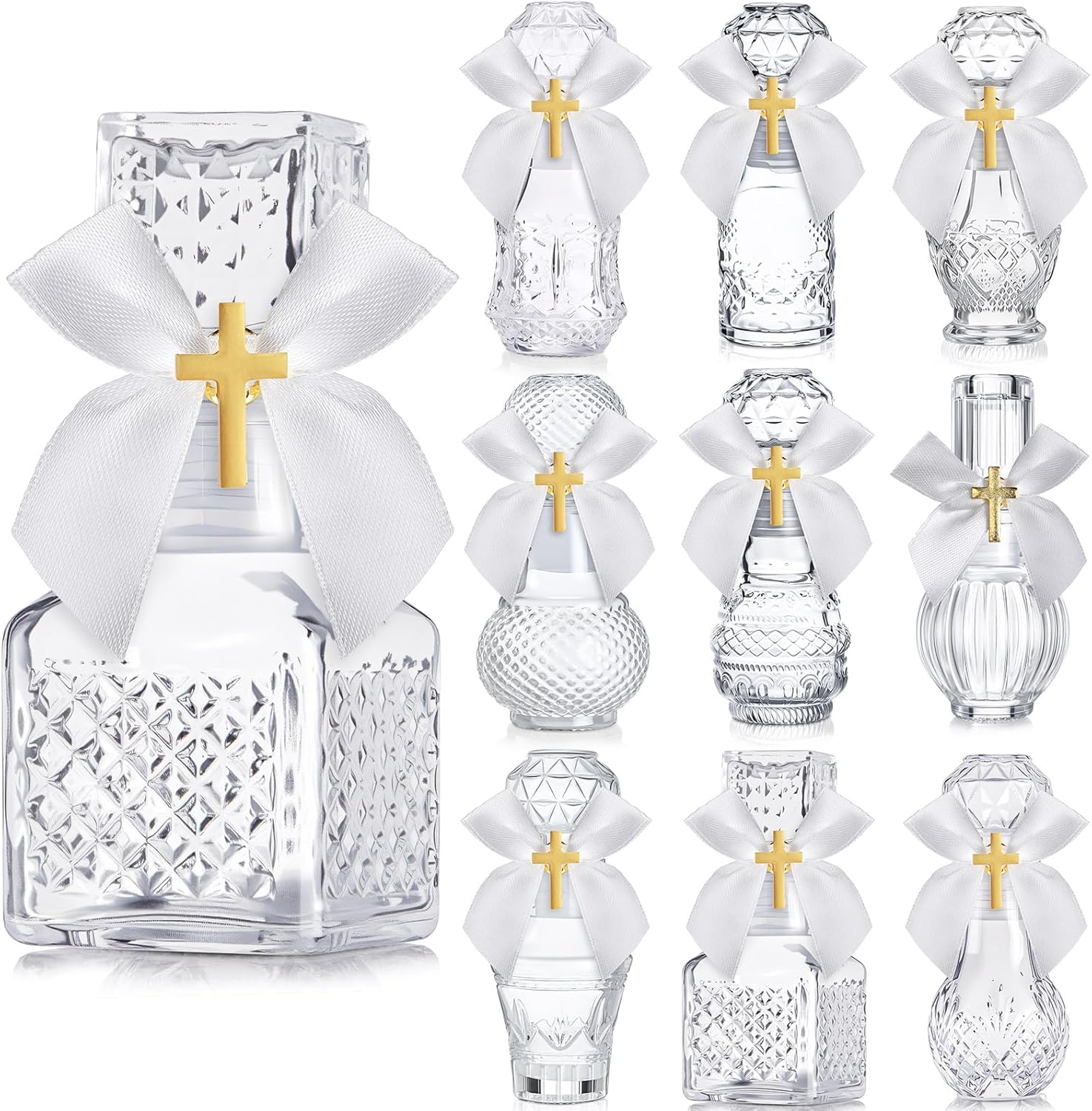 Chuangdi 10 Set Holy Catholic Water Bottles 50ml Christian Water Container Empty Catholic Glass Bottle with Cross Lapel Pin Ribbon Bow for Church Wedding Baptism Party Favor Communion Gift (Assorted)
