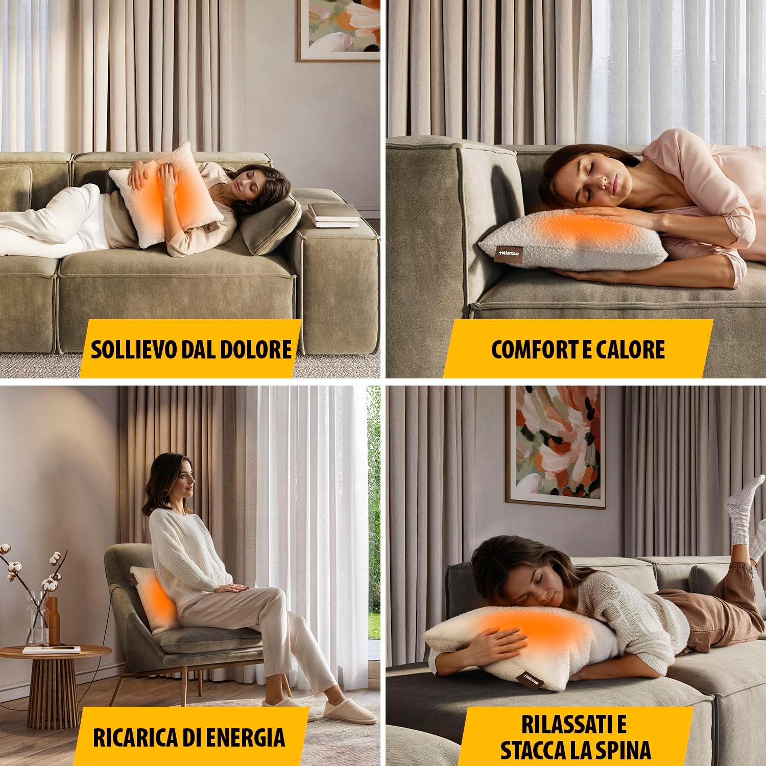 People using the Tristar wireless heating cushion in various settings for comfort and pain relief.