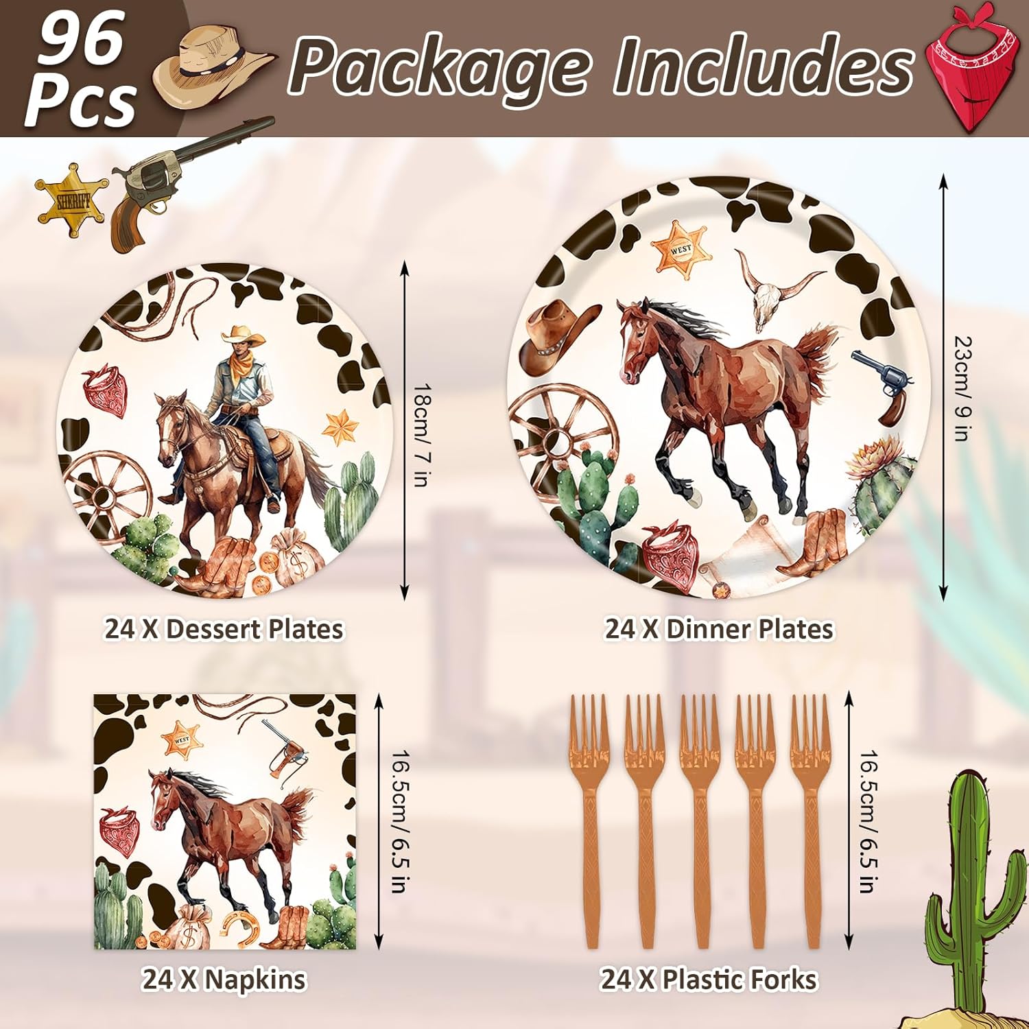 96 PCS Western Theme Cowboy Party Decorations, Disposable Wild West Parties Paper Plates Napkins Forks Set for 24 Guests, Rodeo Horse Party Supplies for Baby Shower Birthday Country Decor - Image 3
