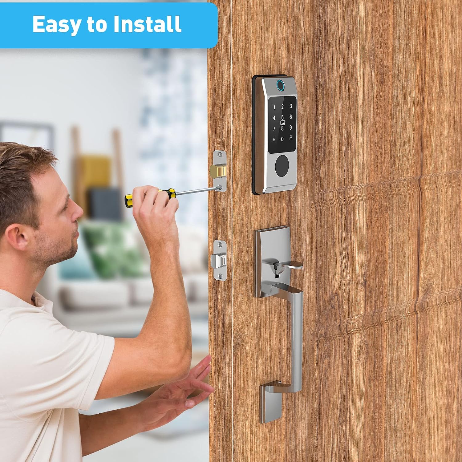 Keyless Entry Door Lock, Miuedo Front Door Lock Sets, Smart Locks for Front Door Fingerprint Door Lock Door Handle Sets with Electronic Keypads, Auto Lock Digital Lock (Silver)