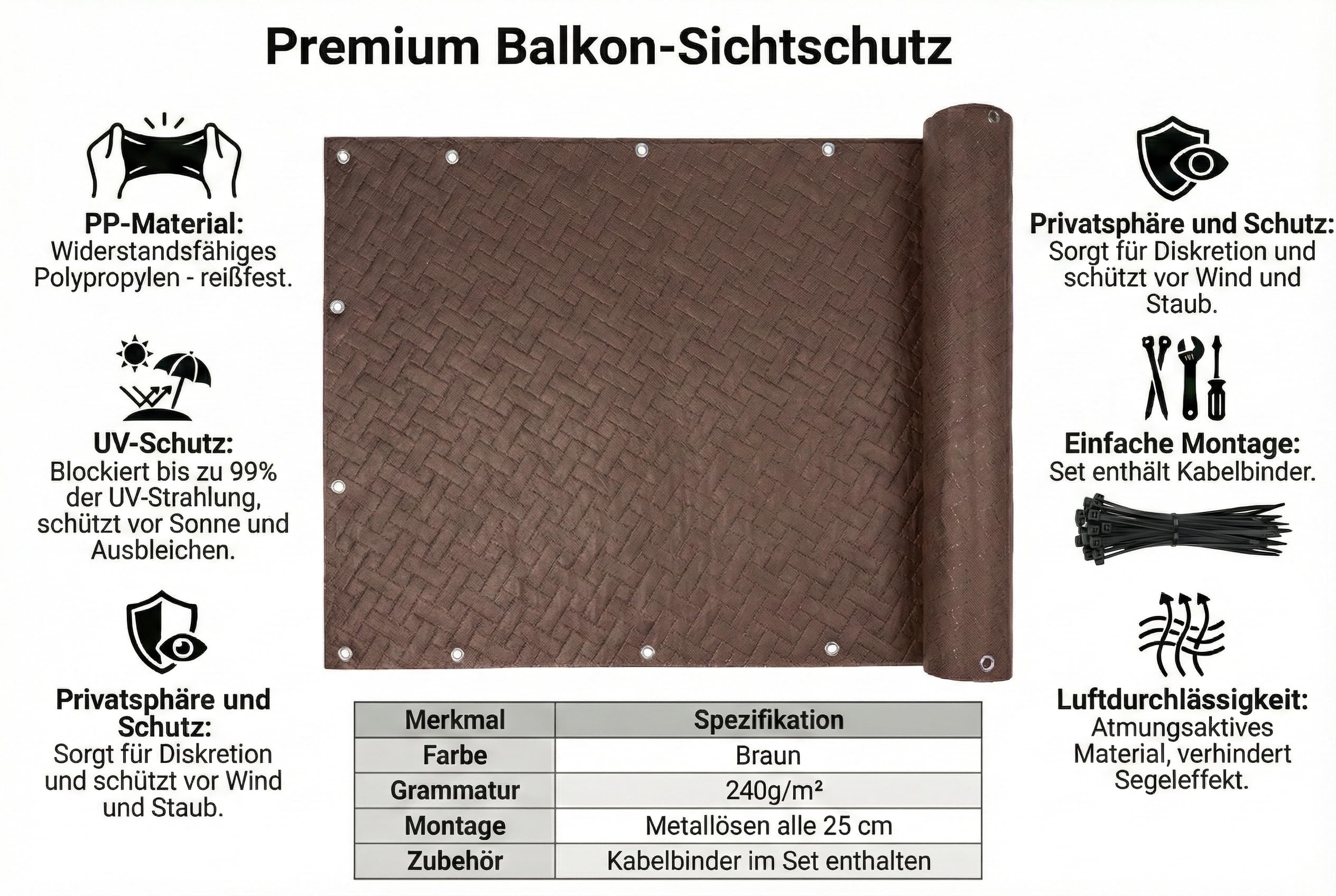 COVER IT Frangivista per Balcone Premium 240 g/m² su Misura 70 cm – Frangivista con Trama Goffrata per Balcone, terrazza e ringhiera, Marrone