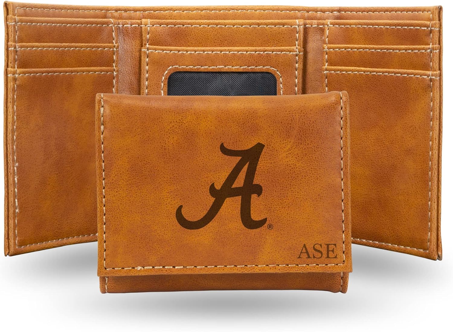 Rico Industries NCAA Alabama Crimson Tide Brown Personalized-Custom Laser Engraved Faux Leather Tri-fold Wallet - Slim Wallet
