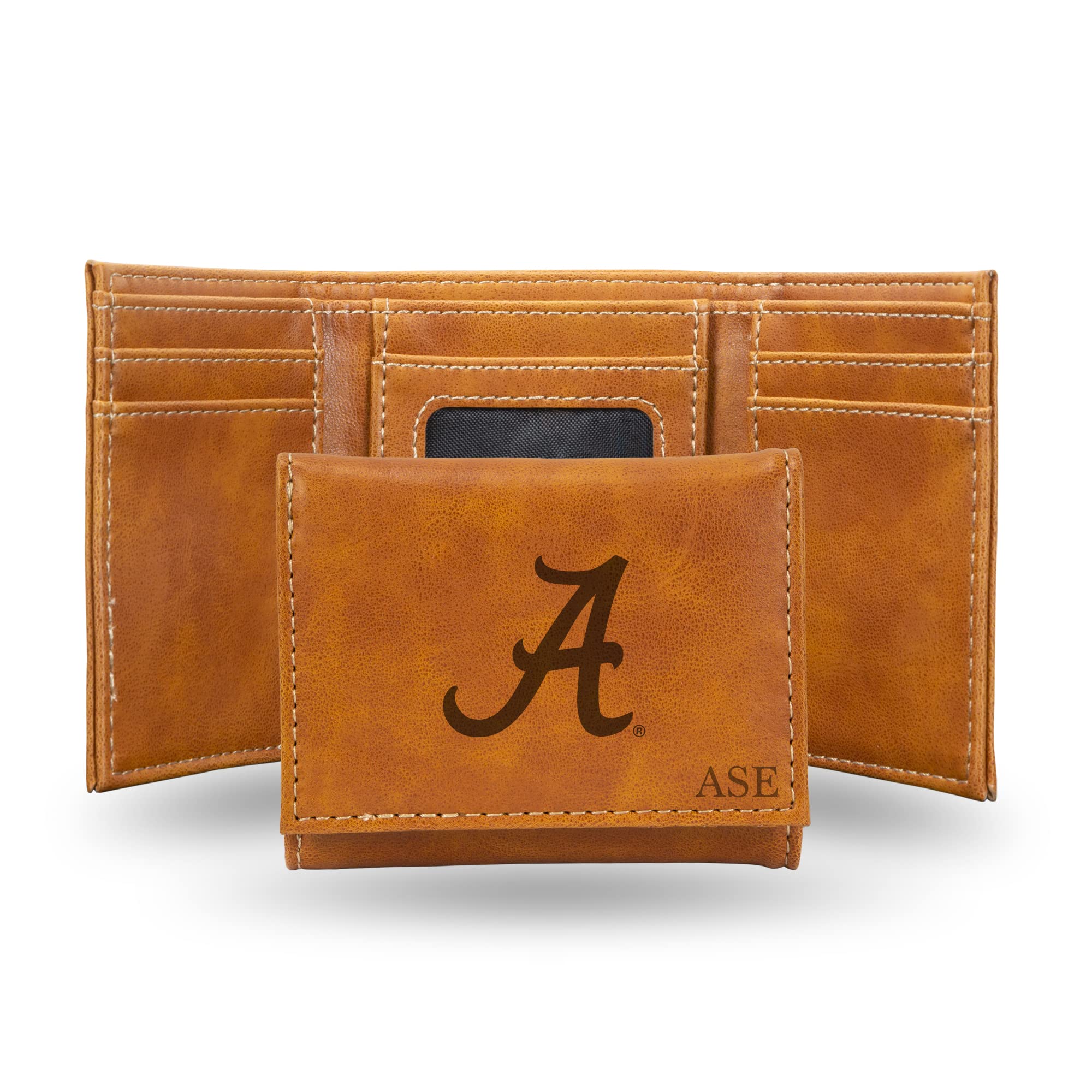 Rico Industries NCAA Alabama Crimson Tide Brown Personalized-Custom Laser Engraved Faux Leather Tri-fold Wallet - Slim Wallet