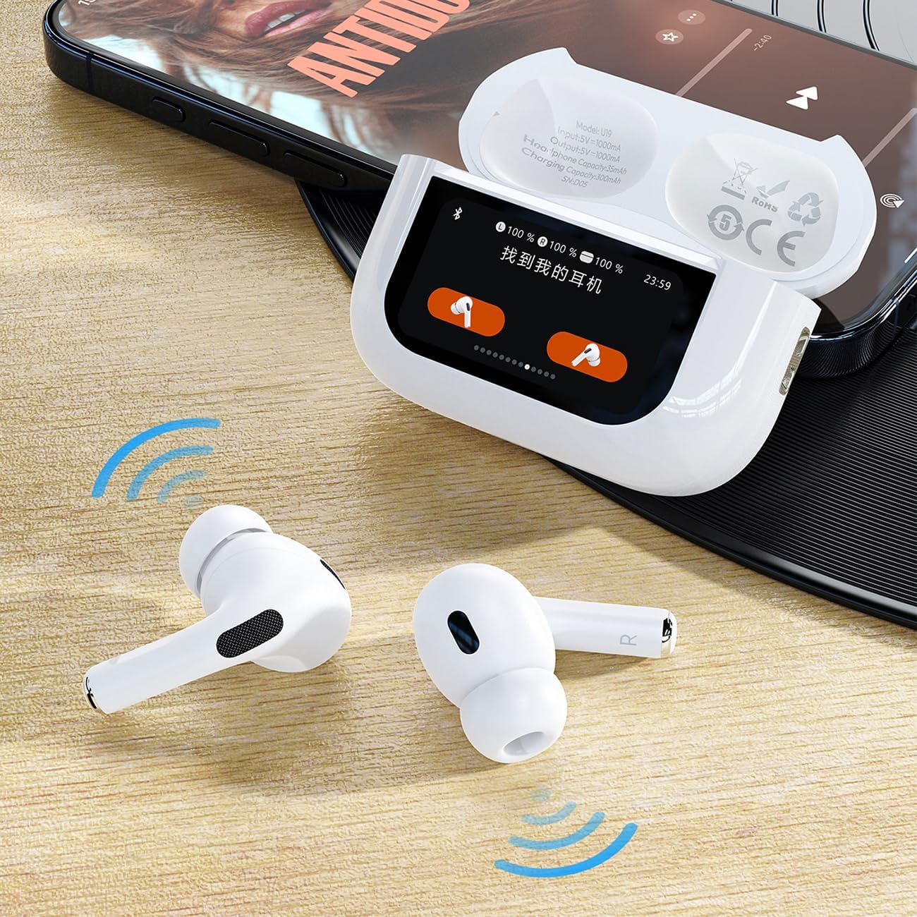DUDAO U19 charging case touch screen showing 'Find My Headphones' feature.
