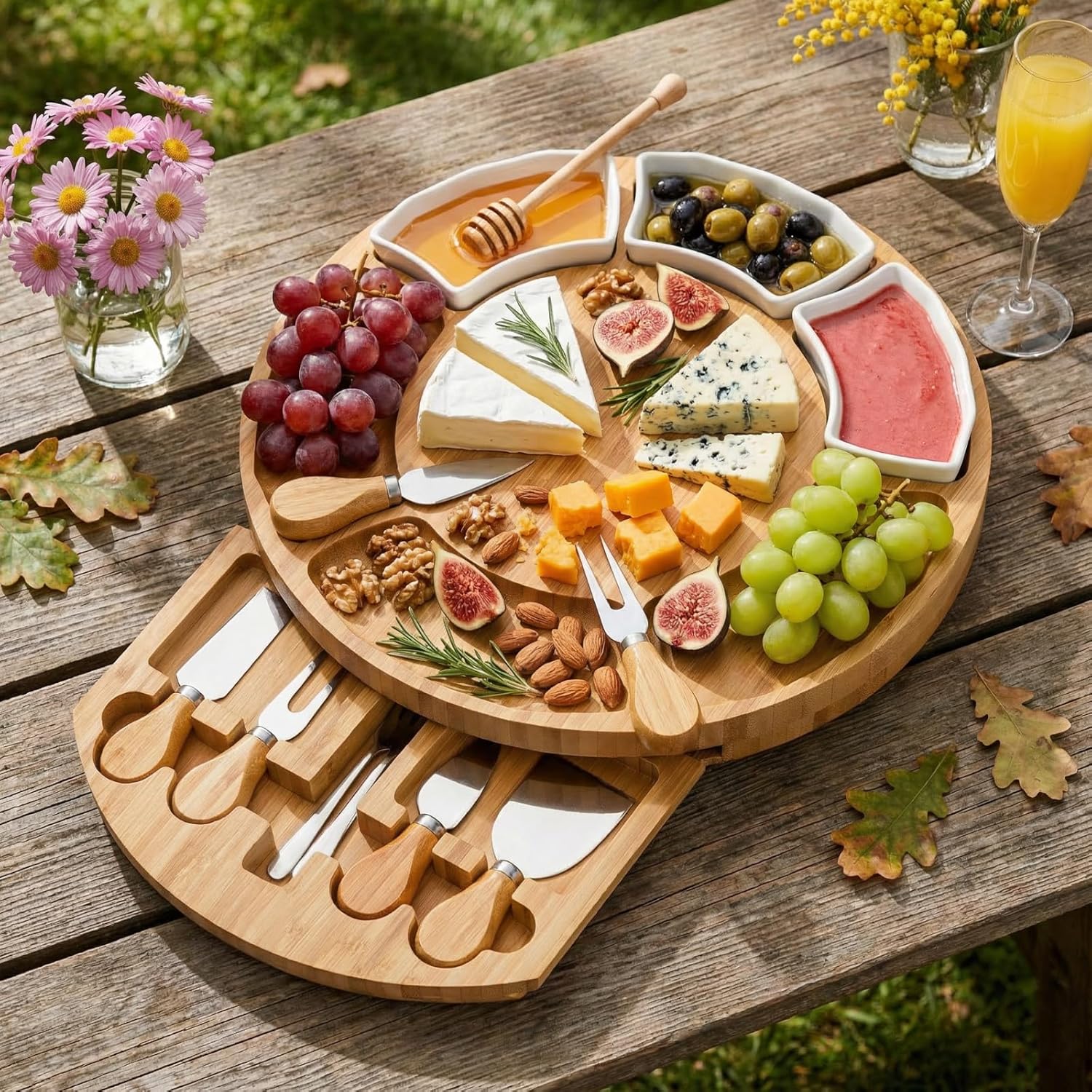 ZENFUN 13 Inch Bamboo Cheese Board and Knife Set, Round Charcuterie Boards with Bowls, Cheese Cutting Platter Serving Tray for Housewarming, Party, Picnic, 13” x 1.5” - Image 8