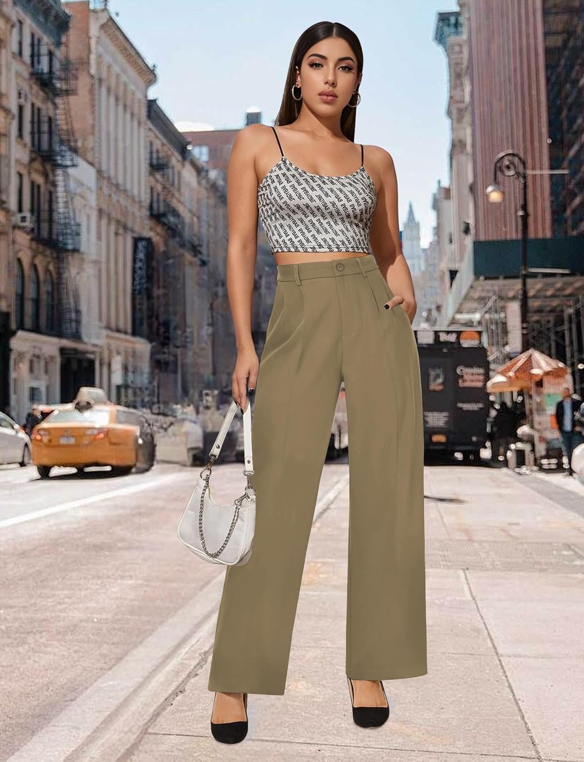 Buauty Womens Wide Leg Pants High Stretchy Waisted Dress Pants Business Casual Work Trousers Dressy Outfits with Pockets Khaki - Image 3
