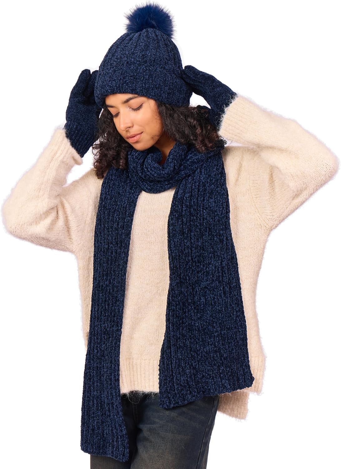 Womens Chenille Hat Gloves Scarf Set Winter Knit Touch Screen Gloves Warm Beanie with Gift Box