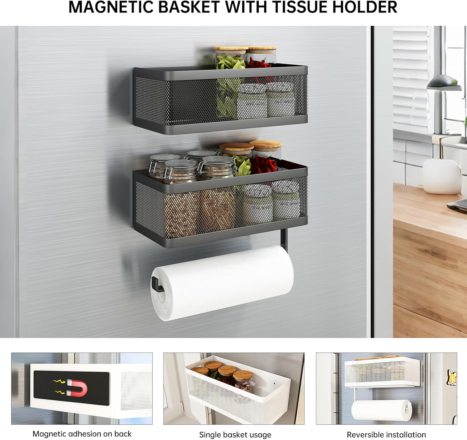 Strong Magnetic Spice Rack for Refrigerator with Paper Towel Holder - 2-in-1 Fridge Organizer Basket, Holds Jars & Rolls, No Drill Mount (Black, Large)
