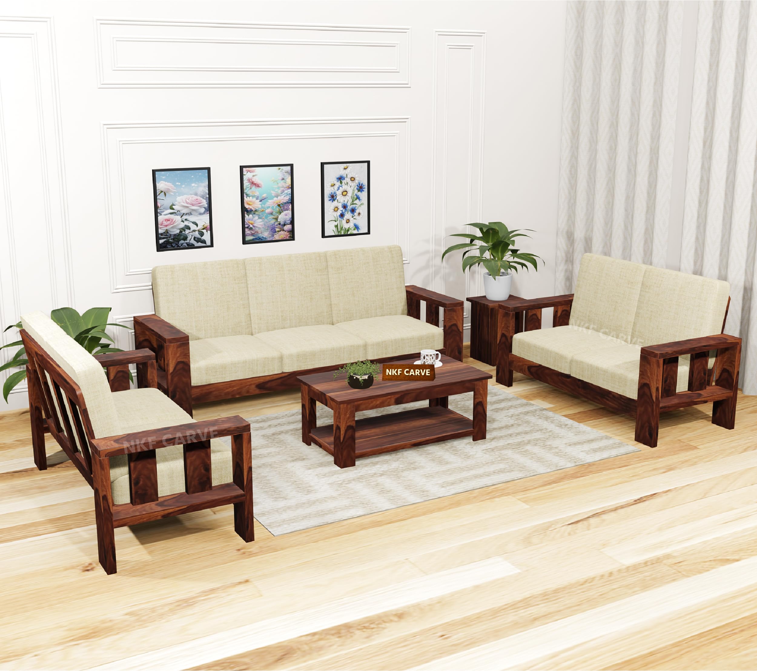 NKF CARVE Wooden Sofa Set 7 Seater for Living Room | Wooden Sofa Set | 7 Seater Sofa Set | Solid Sheesham Wood Sofa Set for Living Room Furniture (3+2+2 Natural Finish)-image-34