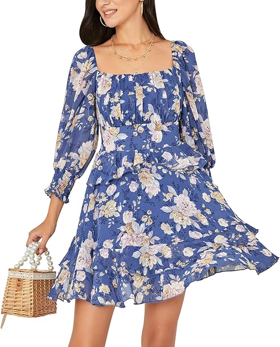 EXLURA Womens Floral Ruffle Sun Dress Sundress Tiered Square Neck Long Sleeve Off Shoulder Smocked Skater Mini Dress