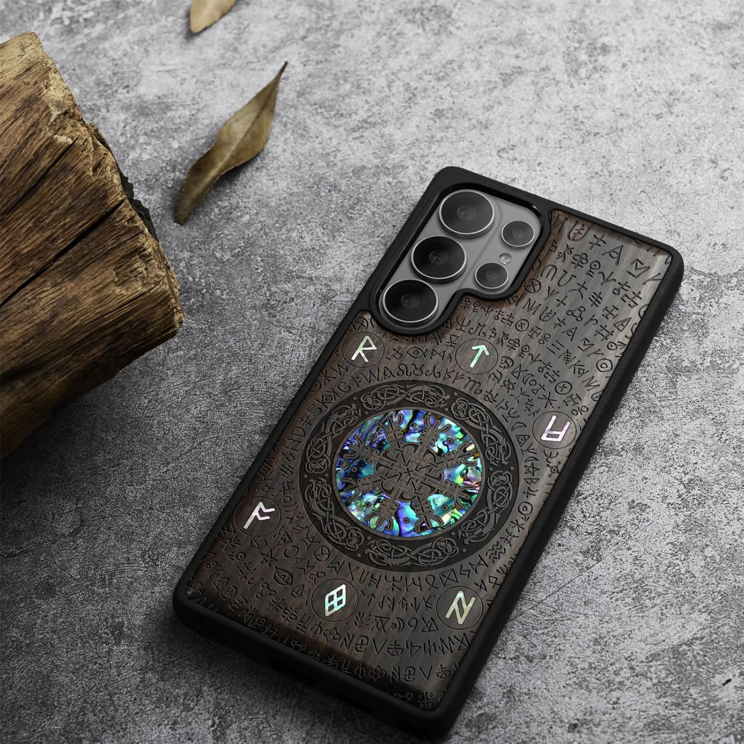 Carveit Magnetic Wooden Case for Samsung Galaxy S26 Ultra Case, Wood Artisan Engraved & Handmade Shell Inlaid, Compatible with MagSafe Wireless Chargers (Viking) Blackwood