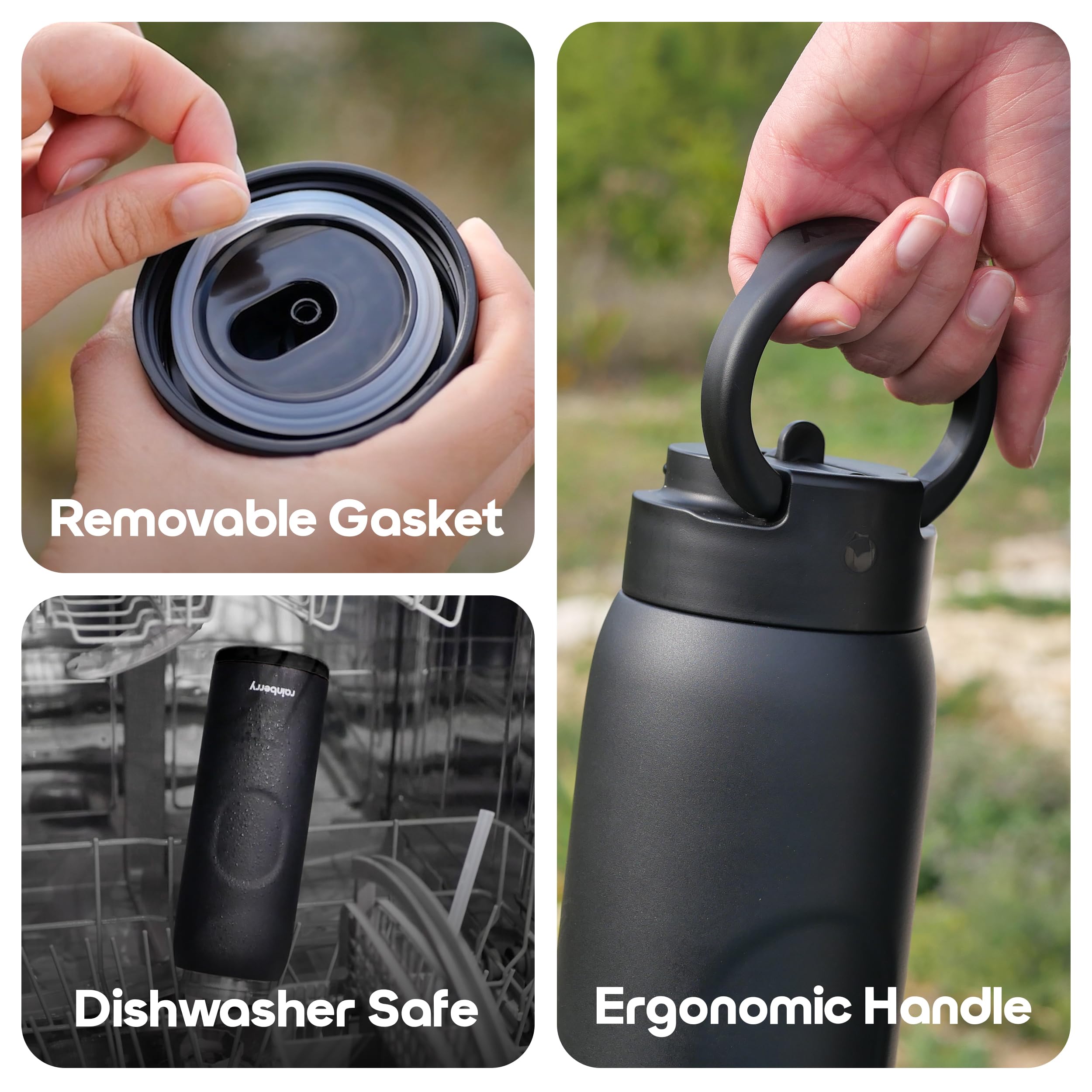 Isolierte 1,2L Edelstahl Trinkflasche/Wasserflasche mit Strohhalmdeckel, doppelwandig vakuumisoliert, klappbarem Griff & Auto-Getränkehalter Adapter (Schwarz)