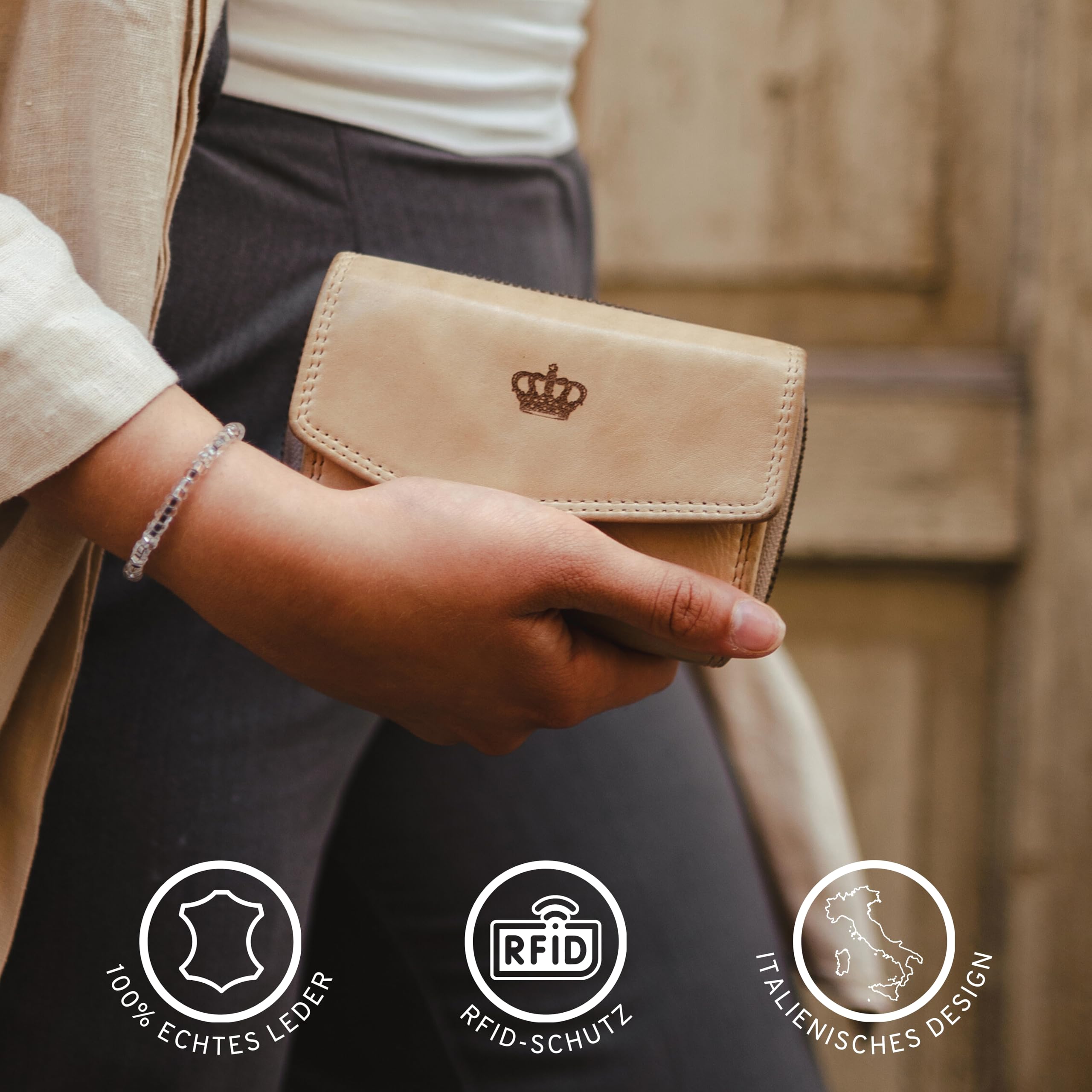 Baur Damen Geldbörse aus extra weichem Waschleder – Geldbeutel im Used-Look mit RFID-Schutz – Kleines Portemonnaie mit vielen Kartenfächern und Münzfach mit Metall-Reißverschluss (Beige)