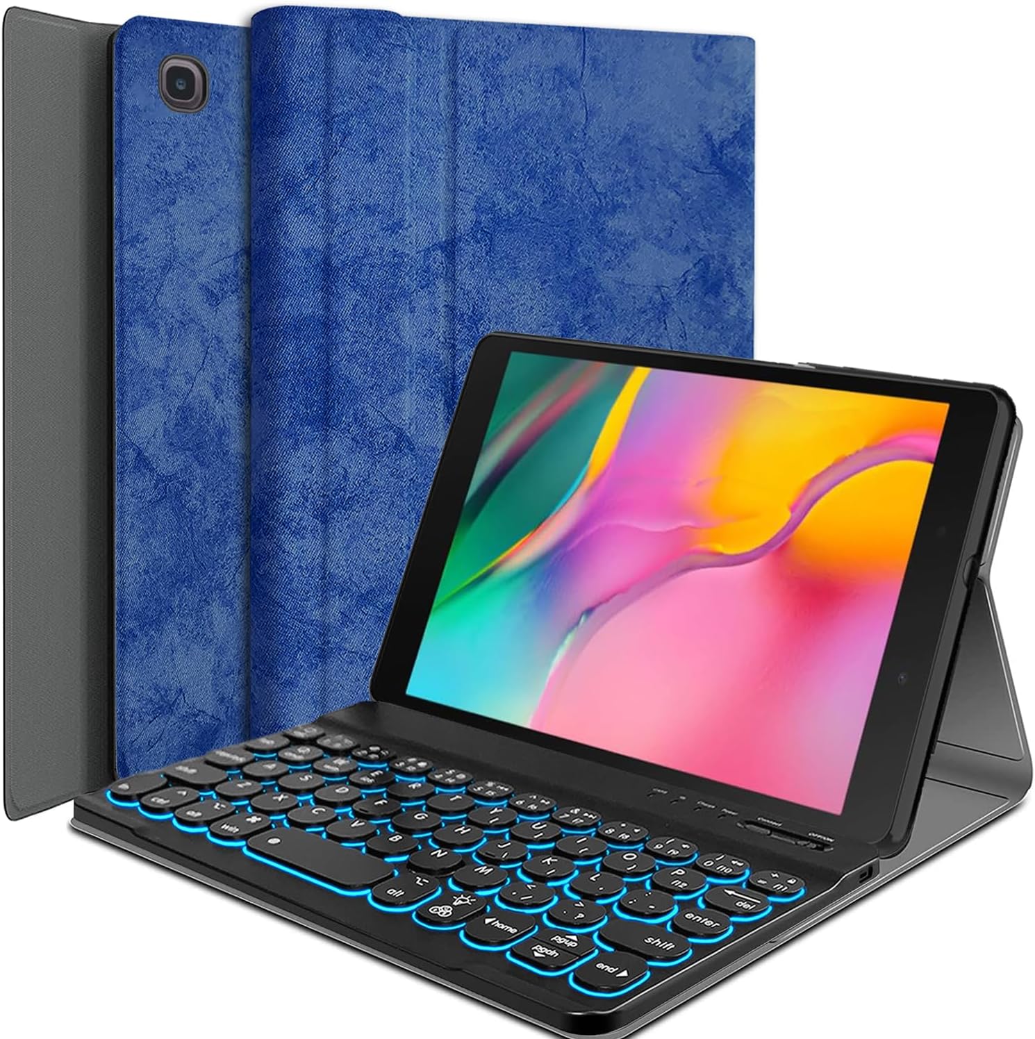 Galaxy Tab A 8.0 2019 Keyboard Case[Backlit,SM-T290,SM-T295], 7 Color Light Detachable Wireless Keyboard with PU Folio Stand Cover for Samsung Tab A 8.0 inch 2019 SM-T290/T295, Blue