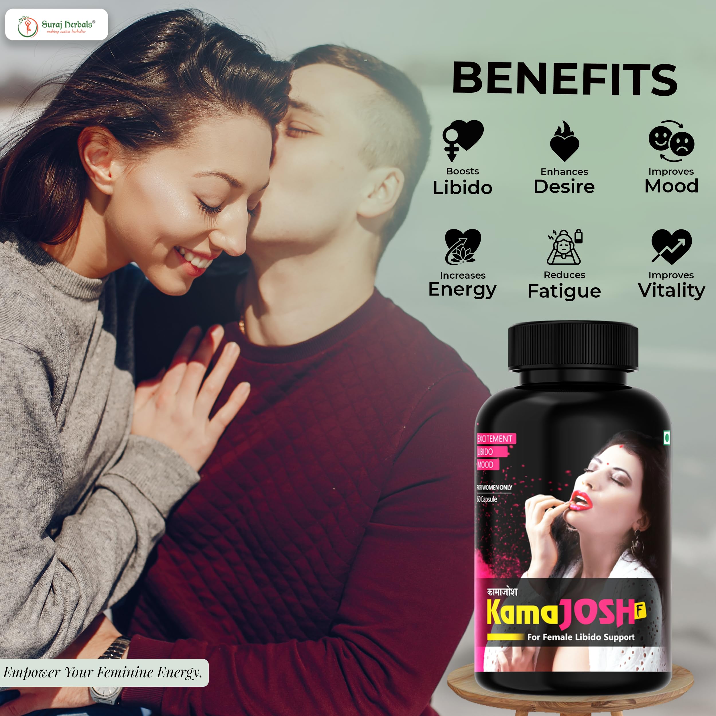 KamaJosh-F Female Libido Support Capsules | Ayurvedic Women Strength, Desire & Mood Support | Herbal Supplement | Shatavari, Ashwagandha, Kaunch Beej, Safed Musli, Gokshura | 60 Capsules — Amazon image 4
