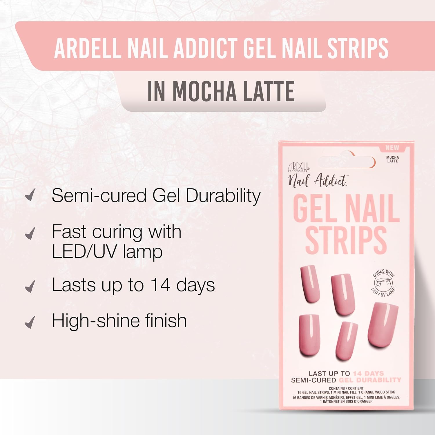 Ardell Nail Addict Semi Cured Gel Nail Strips - Mocha Latte, Long-Lasting Wraps, Easy to Apply Nail Stickers, Cures with UV/LED Lamp, 16 Strips, Nails Kit, 1 Pack