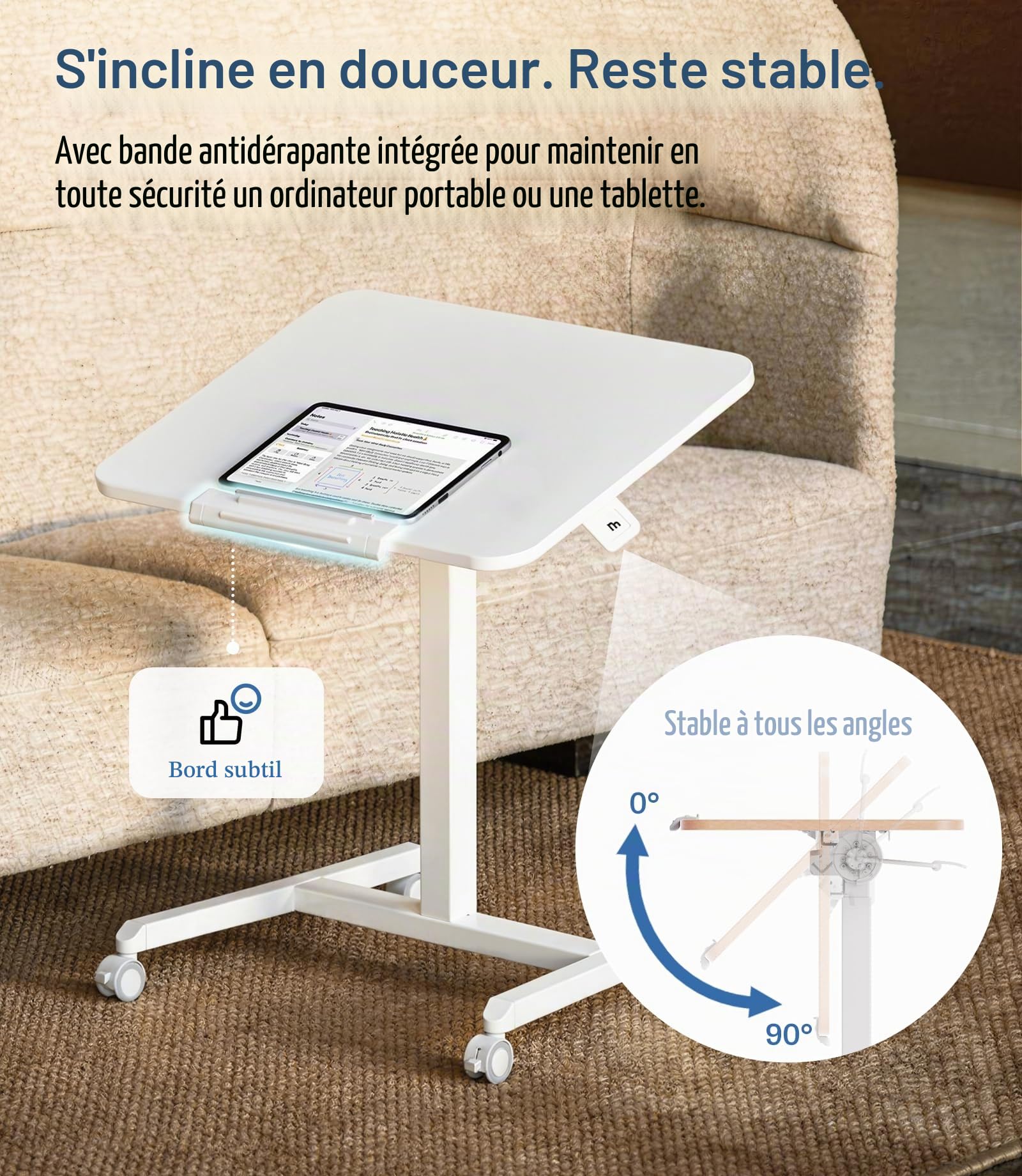 MAIDeSITe Table d’appoint Mobile avec roulettes, réglable en Hauteur 76–110 cm, Plateau inclinable Pliable, Table pour Ordinateur Portable, Bureau Assis-Debout pour télétravail et Maison（Chêne）