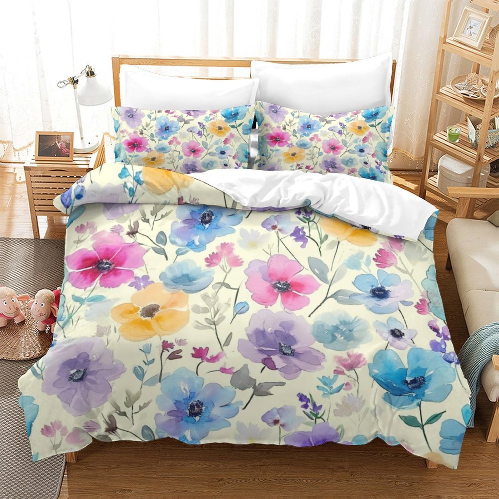 Housse de couette fleurs 3D anti-plis lit Super King en microfibre respirante