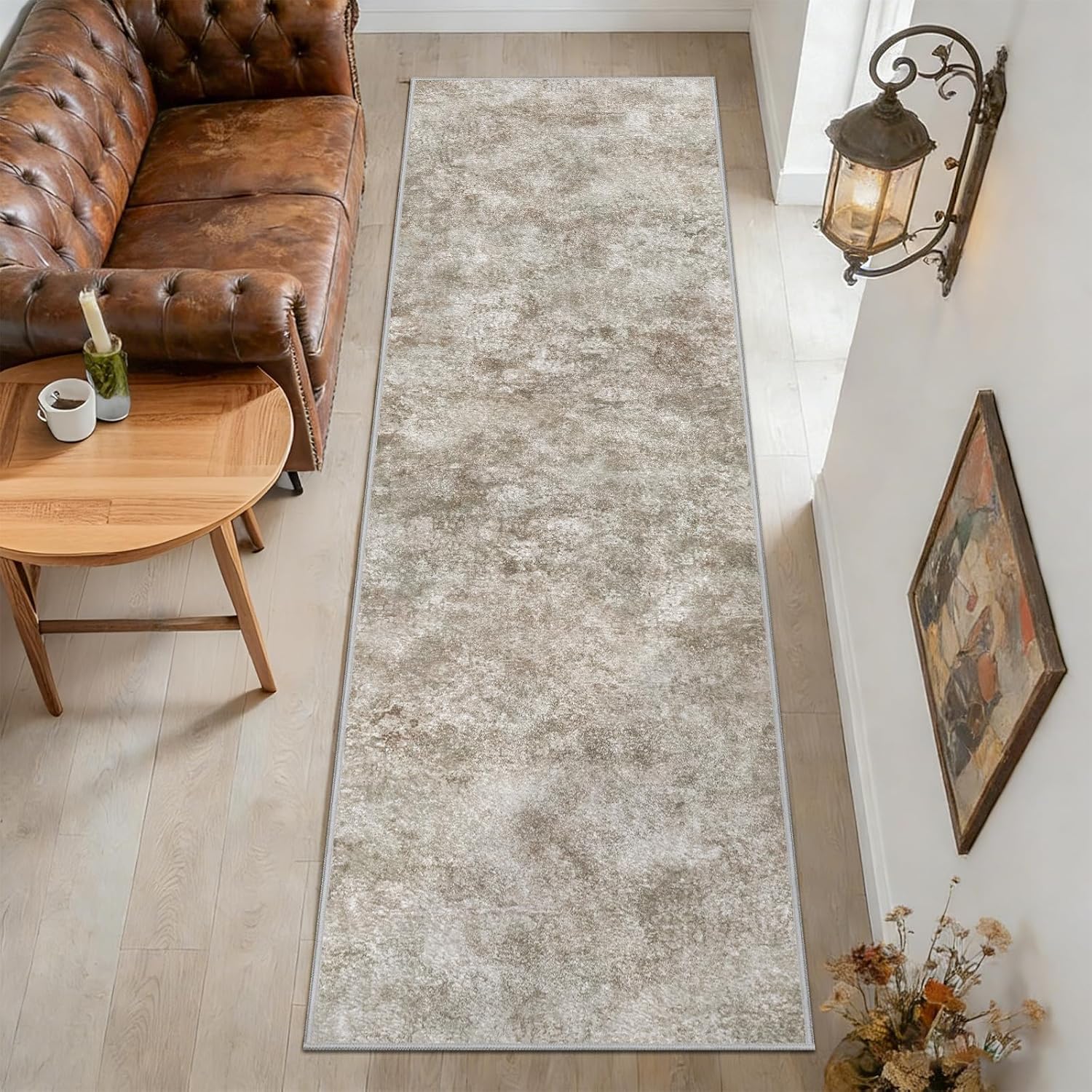 Runner Rug Non-Slip Washable Hallway Runner Rug Faux Wool Low Pile with Rubber Backing Carpet Runner for Entryway, Hallway, Kitchen, and Corridor. (Beige, 2x6 ft)