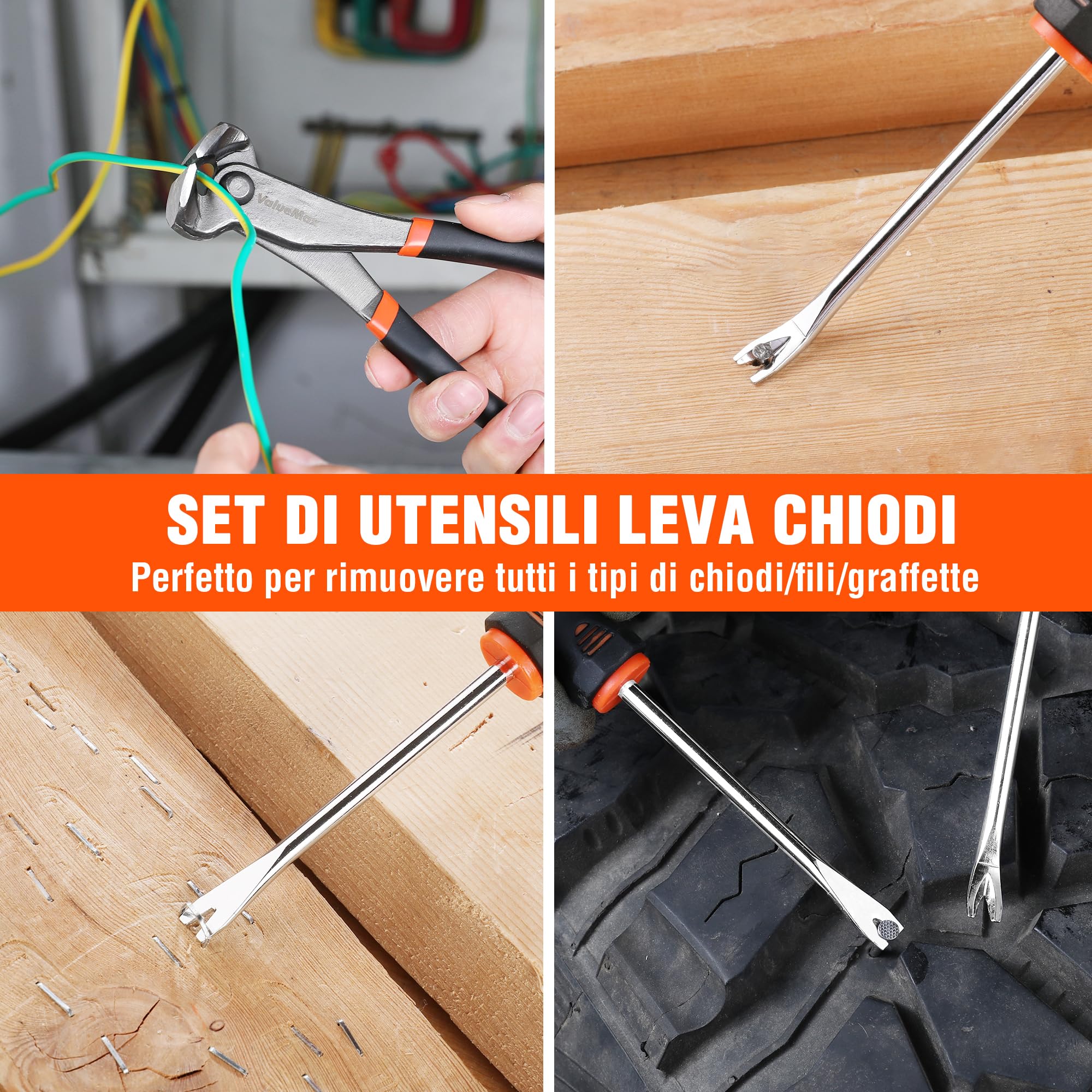 ValueMax Set di Strumenti per Rimuovere Graffette, 3 Pezzi, Estrattore Per Chiodi da 185 mm, Pinza per Chiodi a U e V da 200 mm, Strumento per Estrattore di Chiodi per Mobili di Pneumatici in Legno