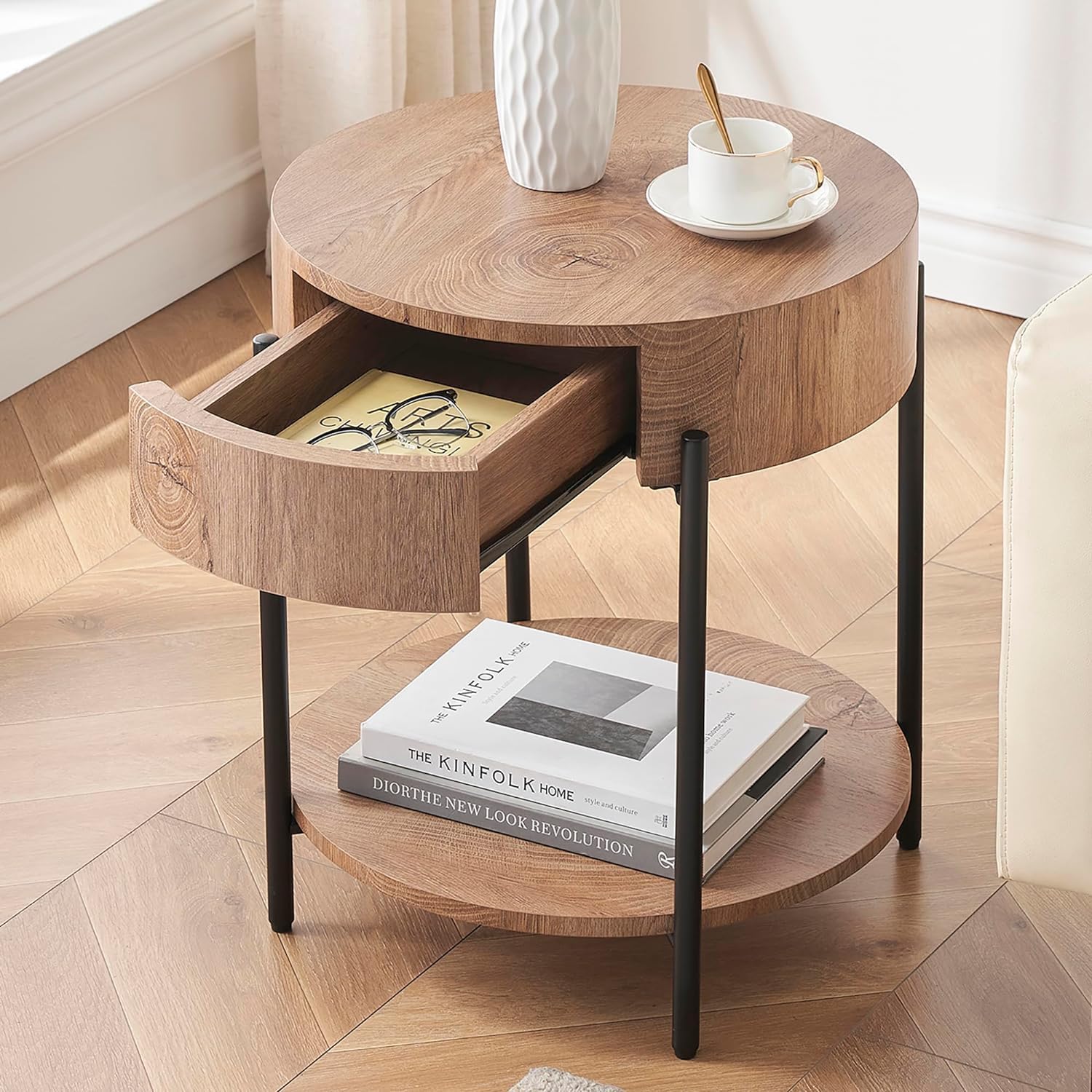 Table Basse Ronde 2 Niveaux avec tiroir et étagère Ouverte - Design Moderne en MDF Hydrofuge et Pieds métal - Idéale Salon/Chambre - 50x50x54,5 cm - Motif : Anneaux annuels
