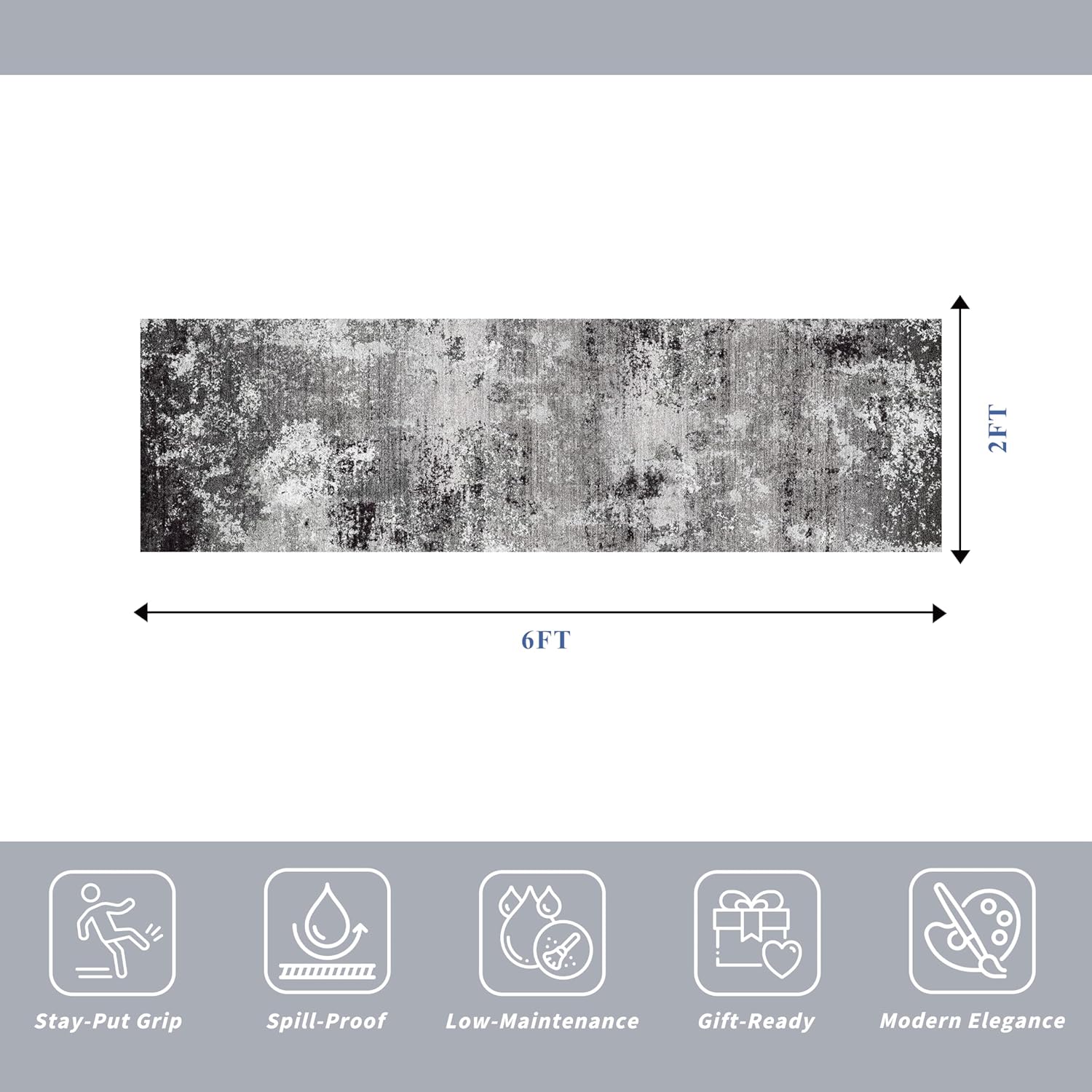 2x6ft Washable Kitchen Runner Rug – Non-Slip Low-Pile Floor Carpet Runner for Indoor Hallway, Bedroom, Bedside & Entryway, Modern Abstract Neutral (Black Grey,2x6)