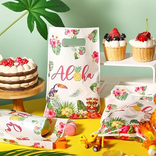 Miniatura 4 de PerKoop 100 bolsas de regalo hawaianas Aloha bolsas de verano con asas troqueladas, bolsas de recuerdo Luau, bolsas de plástico tropical, bolsas de