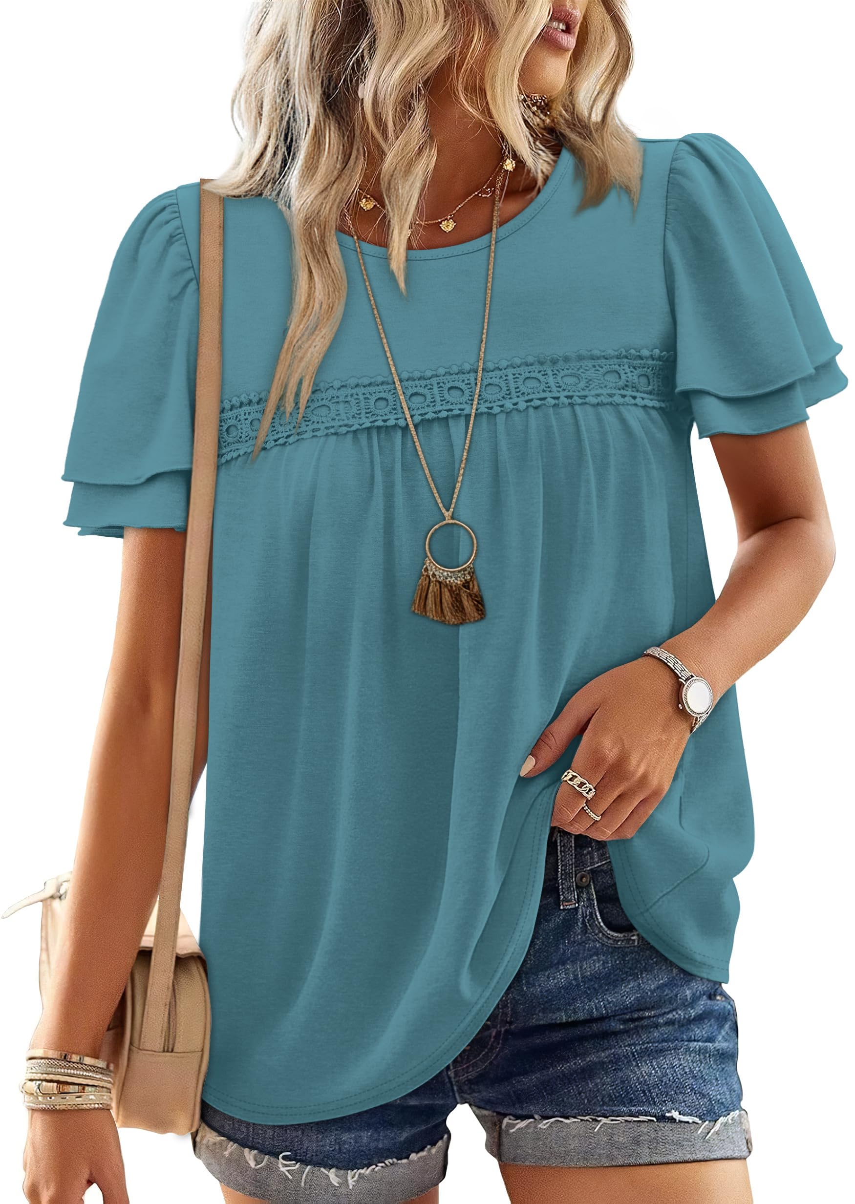 OFEEFAN Blouses for Women Dressy Casual Peplum Babydoll Tops Ruffle Short Sleeve Shirts Plus Size Fashion Clothing