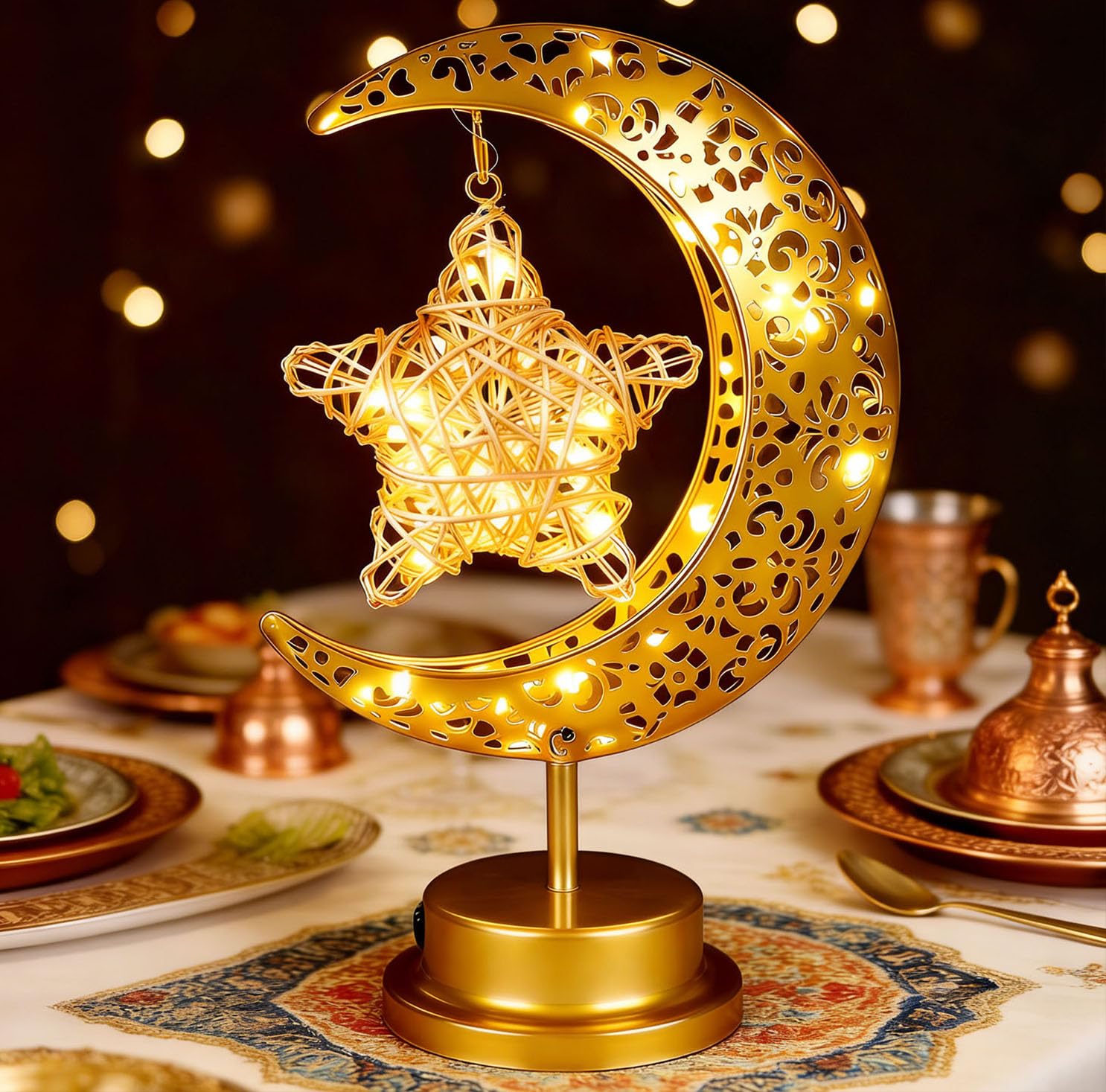 Ramadan Decorations,Warm White Ramadan Lamp for Festival Home Decor,Gold Decorative Table Decorations with Moon Star Shape Lights