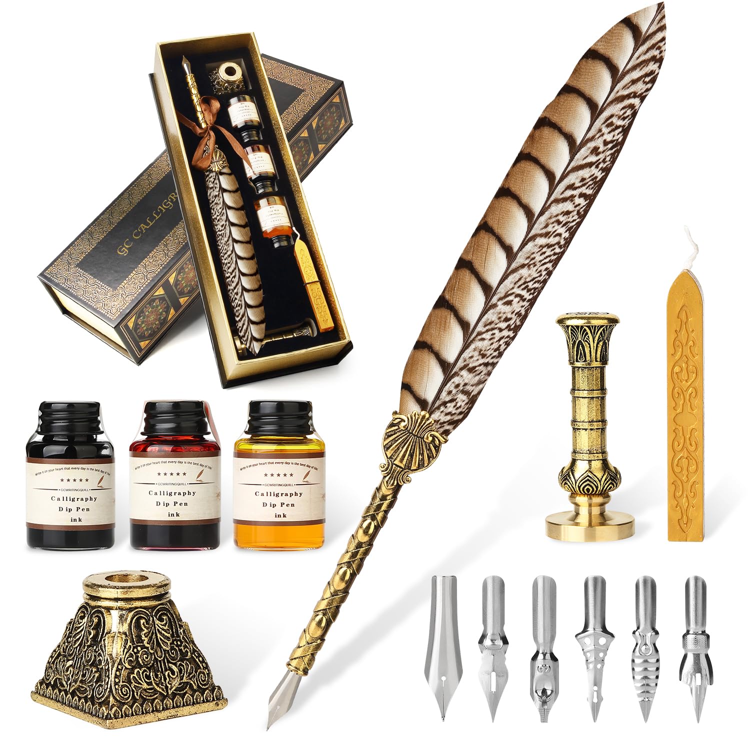 GC QUILL Vintage Quill Feather Pen and Ink Set - 6 Nibs, Pen Holder, 3 Inks, Wax Seal Stamp & Wax Stick - Antique Calligraphy Kit for Decor, Writing, Gifting – MU-17