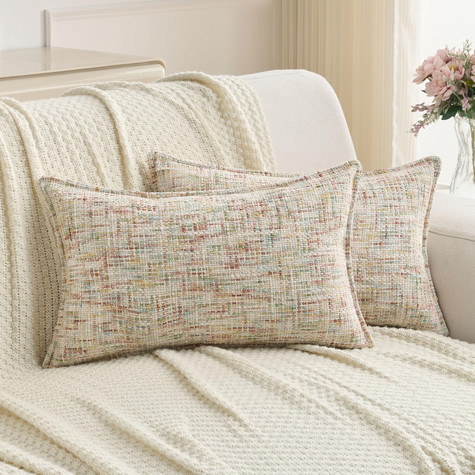 FUTEI Set of 2 Soft Tweed Chenille 30x50 cm Cushion Covers Farmhouse Micro-Check Textured Scatter Pillowcase 30 x 50 cm Vintage Accent for Sofa Bed Living Room, Colorful