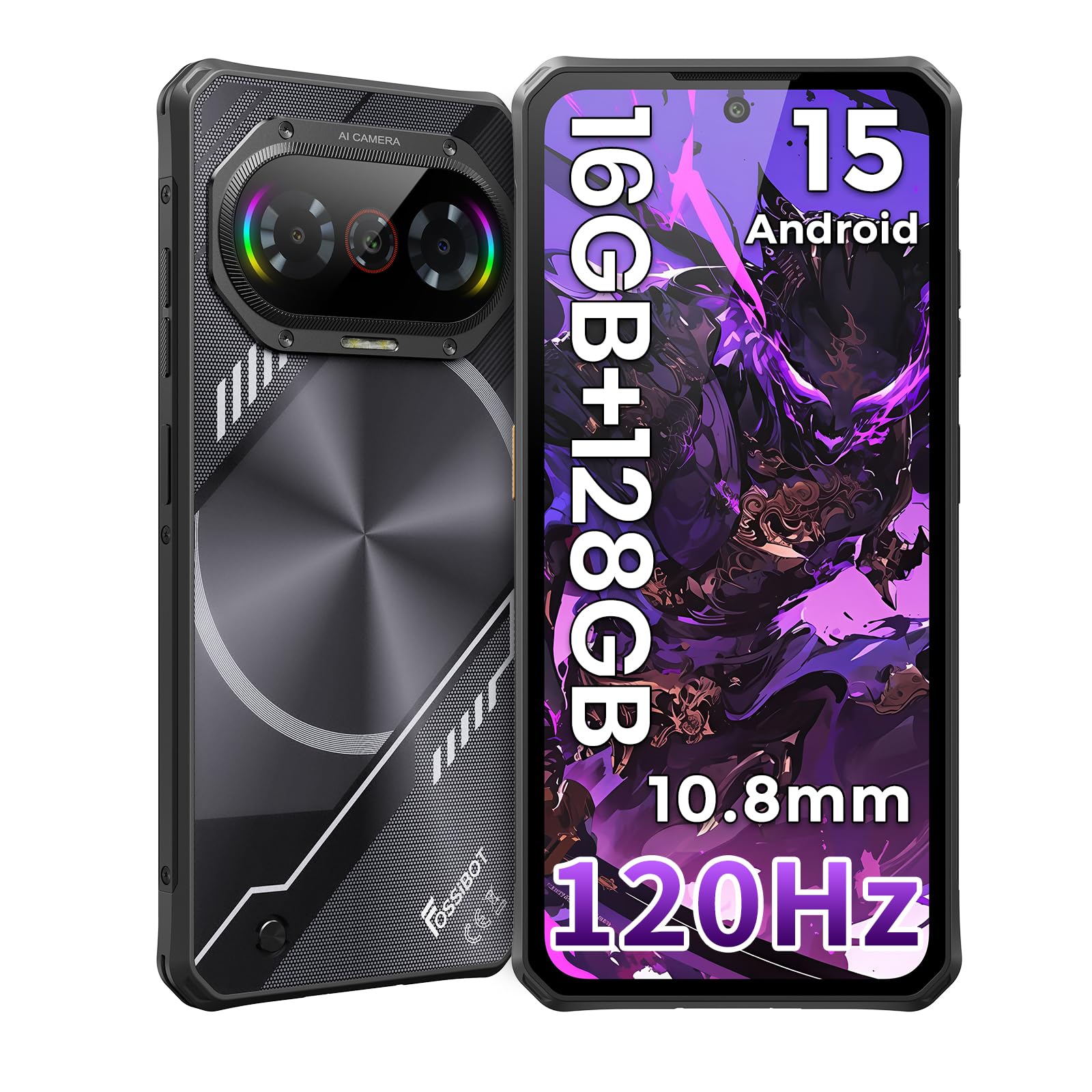 FOSSiBOT F114-120 Hz+6.67" Corning Glass Outdoor Handy Android 15, 16GB+128GB/2TB Ultra-Dünn 10.8 mm Outdoor Smartphone Ohne Vertrag,50MP Ai Kamera, 5000mAh, Gemini AI,NFC/IP68/IP69K,Dual SIM 4G