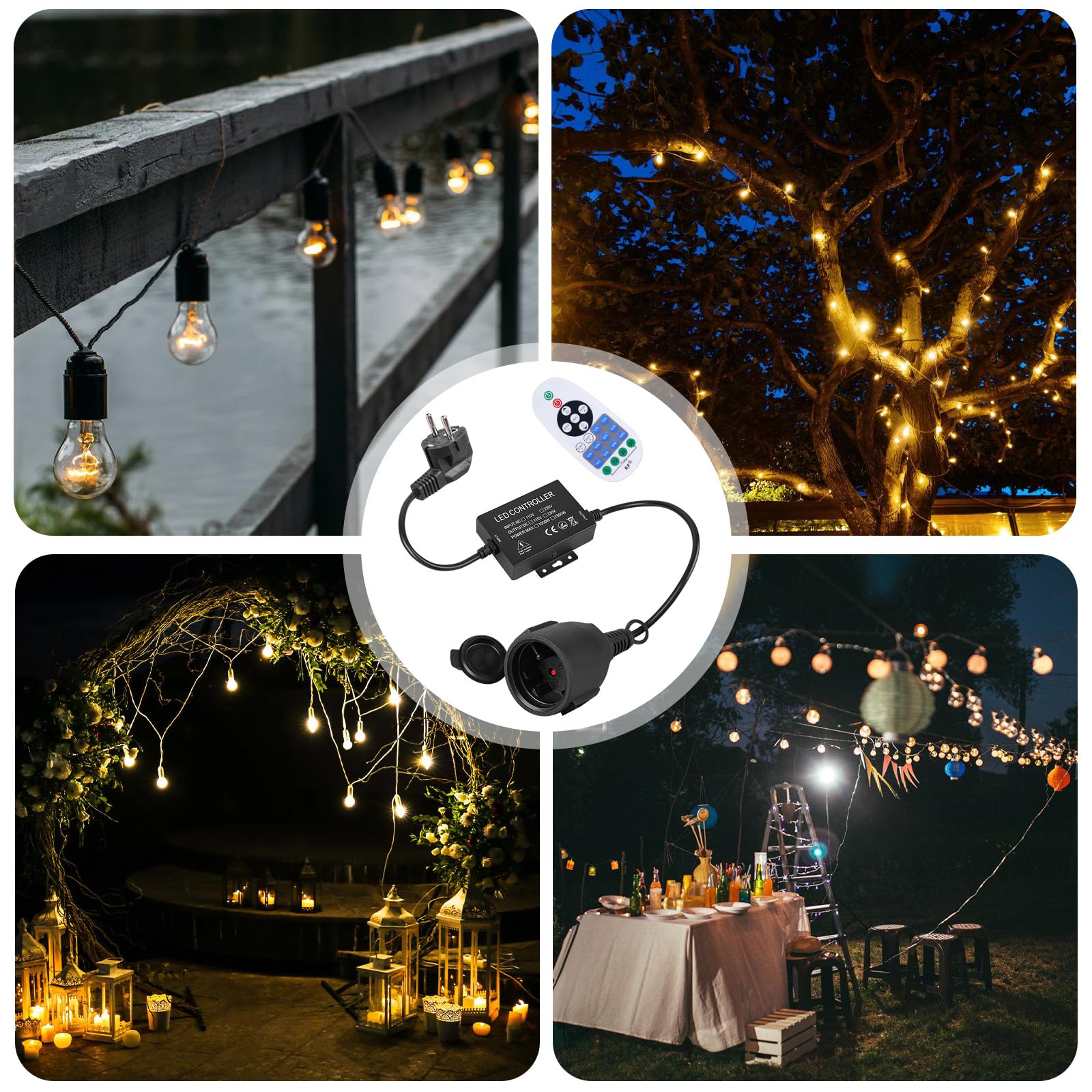 Variateur de chaîne de lumière LED 1500W avec télécommande, interrupteur enfichable CA 220-240V, douille de variateur pour bandes lumineuses et lampes à intensité variable, télécommande à 23 touches +