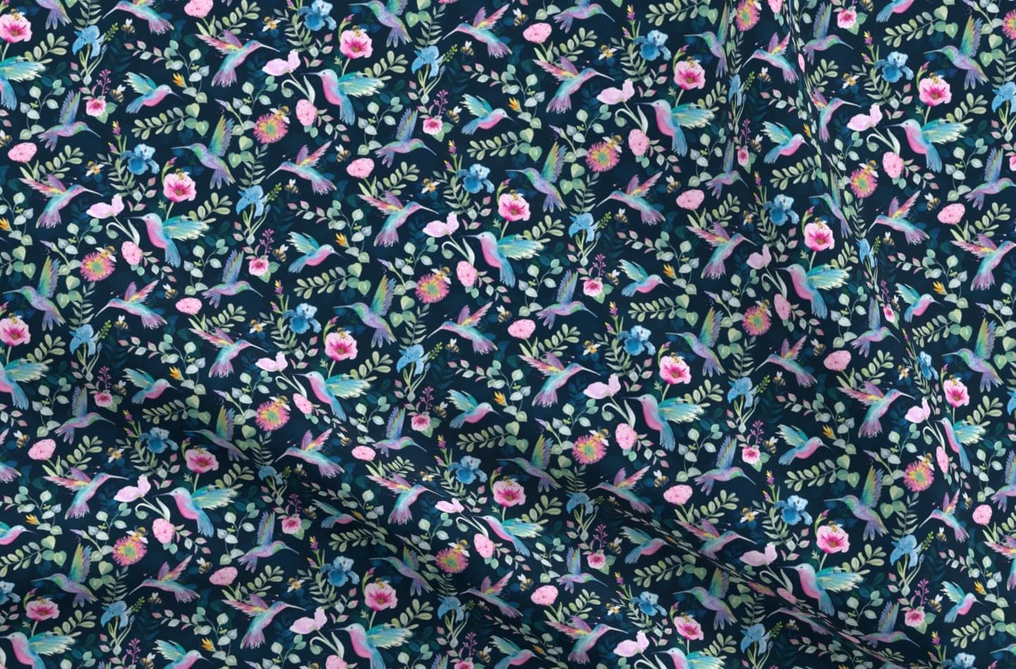 Spoonflower Fabric - Floral Hummingbird Botanical Birds Iris Bees Poppy Garden Spring Printed on Petal Cotton Fabric Fat Quarter - Sewing Quilting Apparel Crafts Decor
