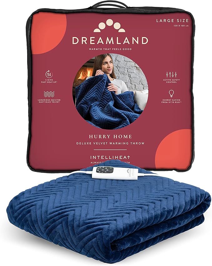 Dreamland Hurry Home Heated Throw Navy Blue Quilted Herringbone