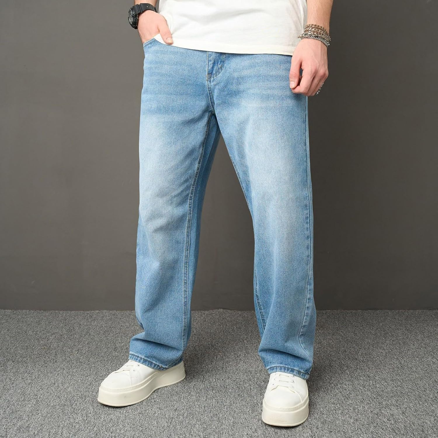 Men Jean Denim Casual Loose Hip Hop Denim Work Pants Jeans with Pockets Baggy Jeans Button Waist Pants Streetwear 2026