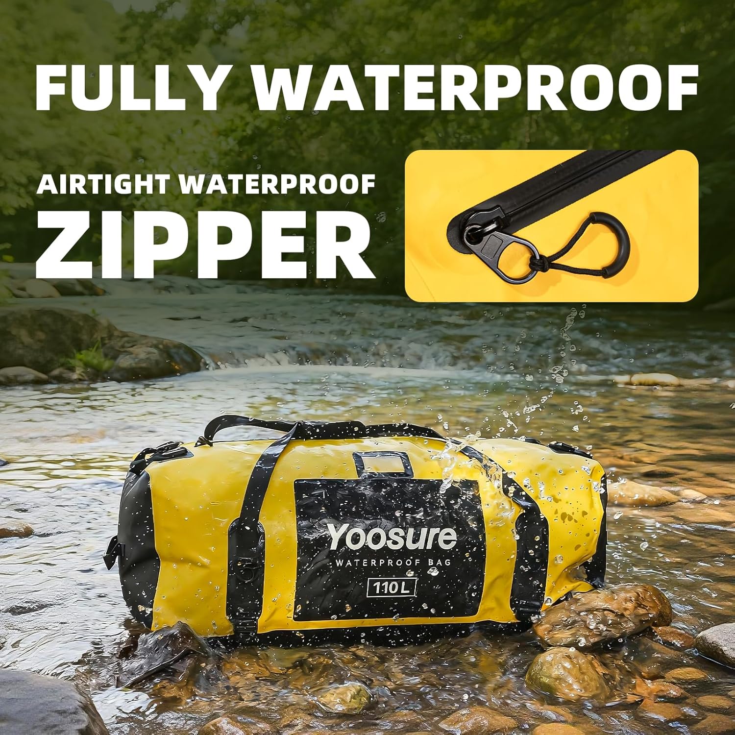 110L Waterproof Duffel Bag 35IN - Airtight Zipper Dry Bags, Extra Large Dry Bag with Straps&Handles for Camping Boating Kayaking Rafting Canoeing Gym Beach Car Roof Storage (Black) - Image 2