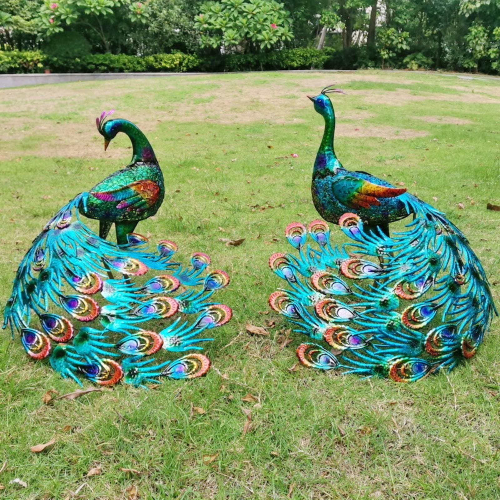 Estatua de Decorativa Figura Escultura Adorno Ornamento Metálico con Diseño Llamativo y Efecto Acogedor Adecuada para, Pavo Real De Cola Grande con Cabeza Recta — Sin Luz — 49.5 45.5 48cm