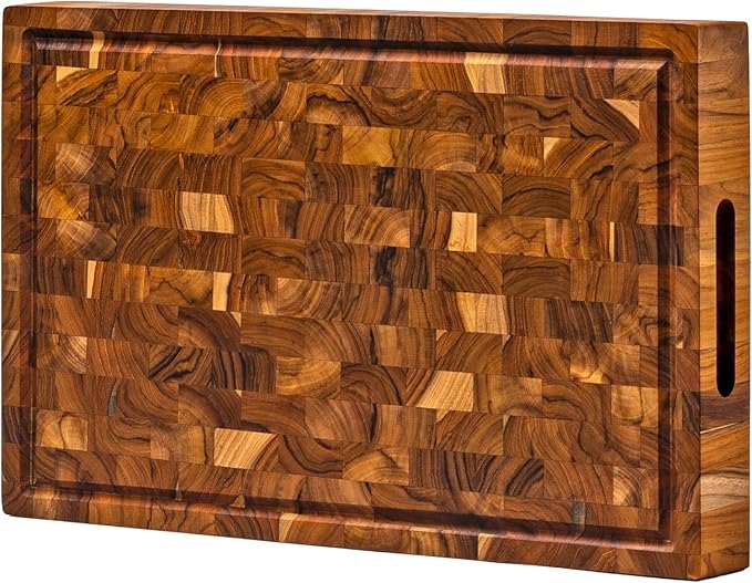 End Grain Teak Wood Cutting Board for Kitchen - Beeswax Conditioned, PFAS-Free, Large Size 16-inch Butcher Block by Ziruma