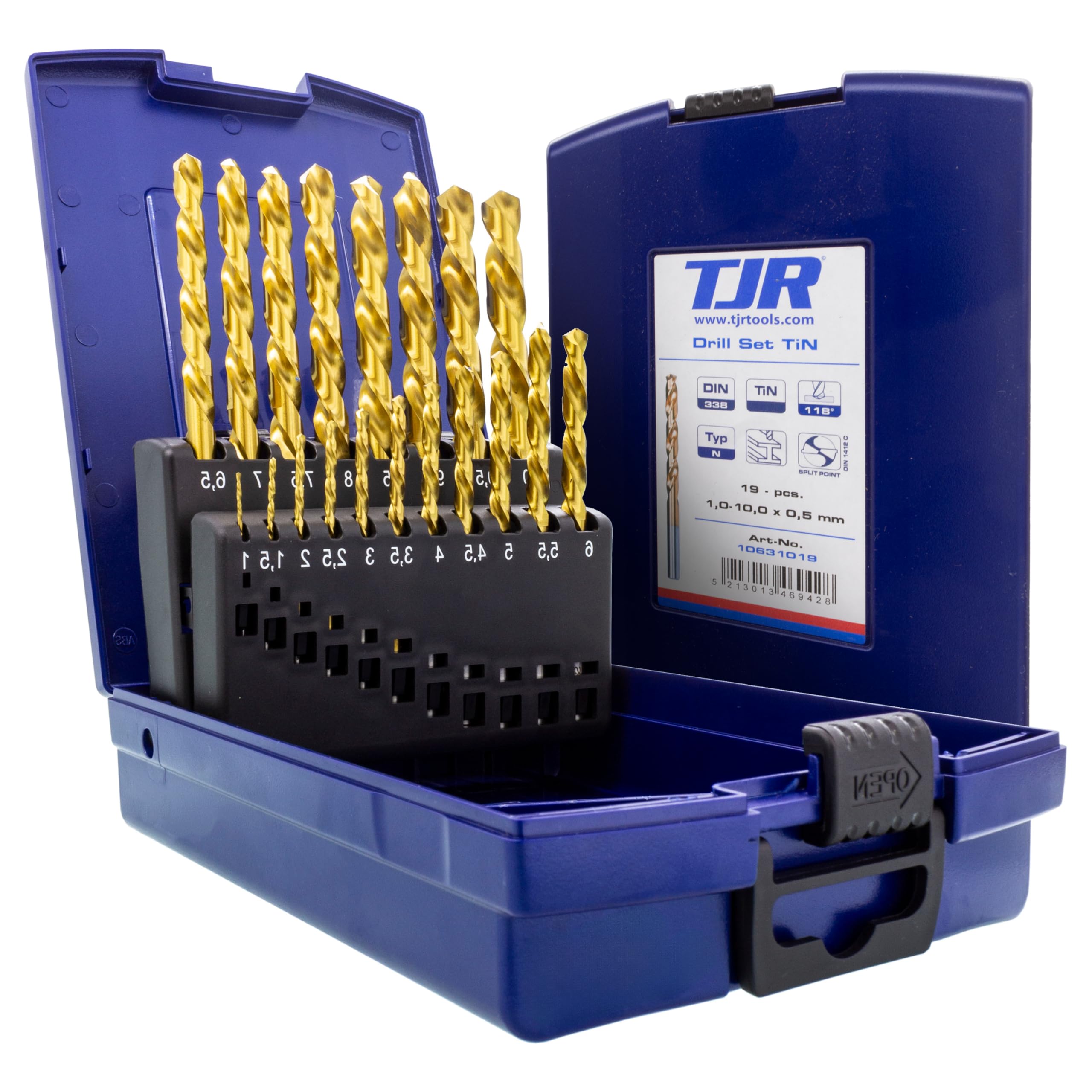 TJR® HSS TiN - Juego de 19 brocas helicoidales de 1 a 10 mm y 0,5 mm de escalones autocentrantes DIN 338 tipo N 118°, para acero inoxidable, acero, perfiles de aluminio con precisión de